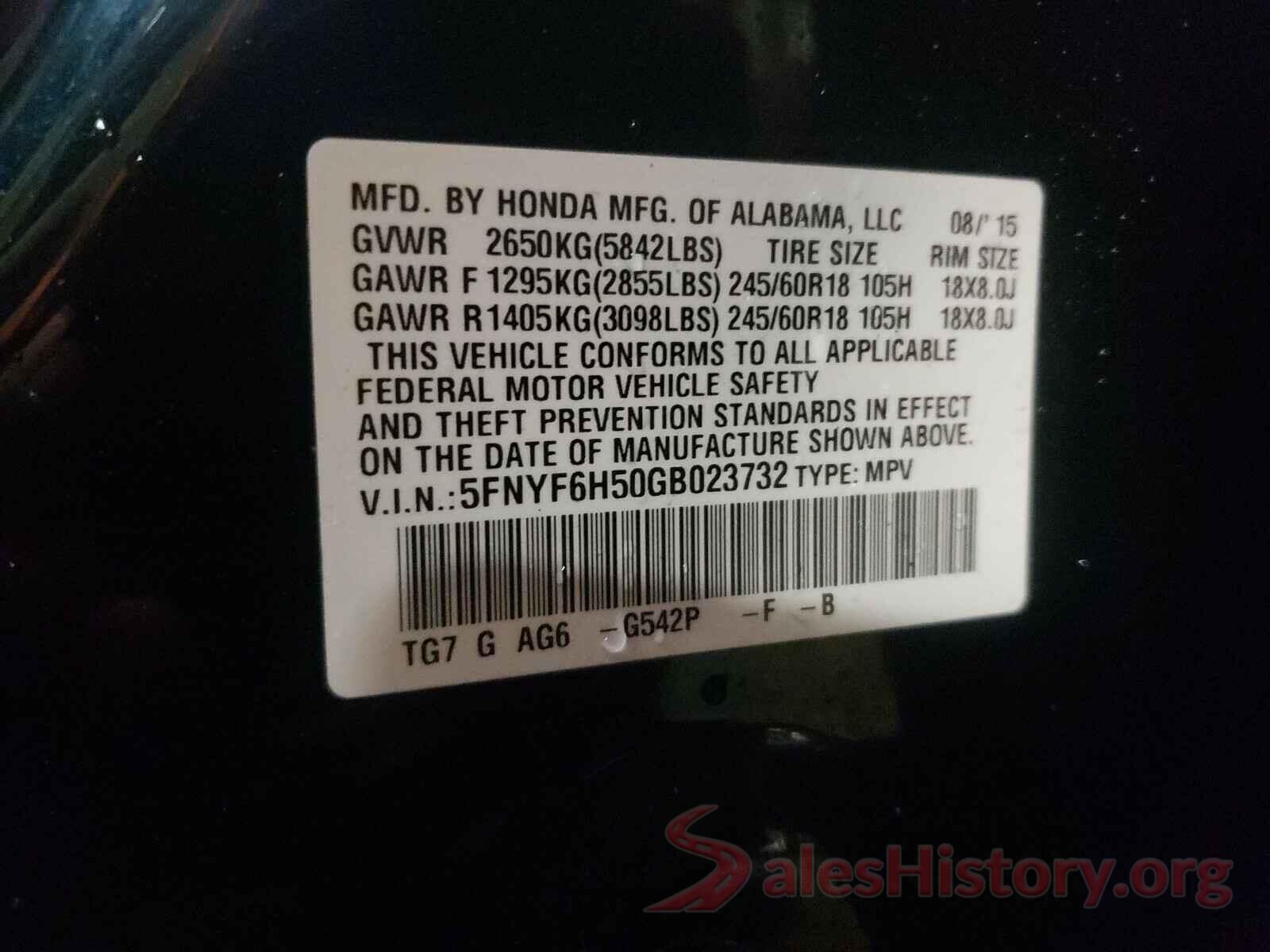 5FNYF6H50GB023732 2016 HONDA PILOT