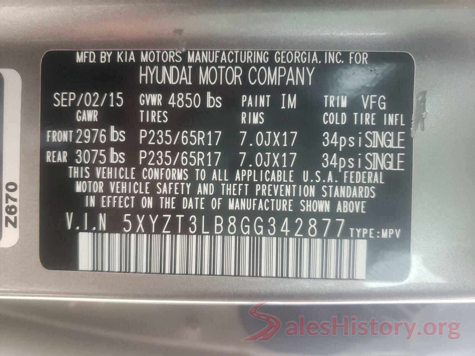 5XYZT3LB8GG342877 2016 HYUNDAI SANTA FE