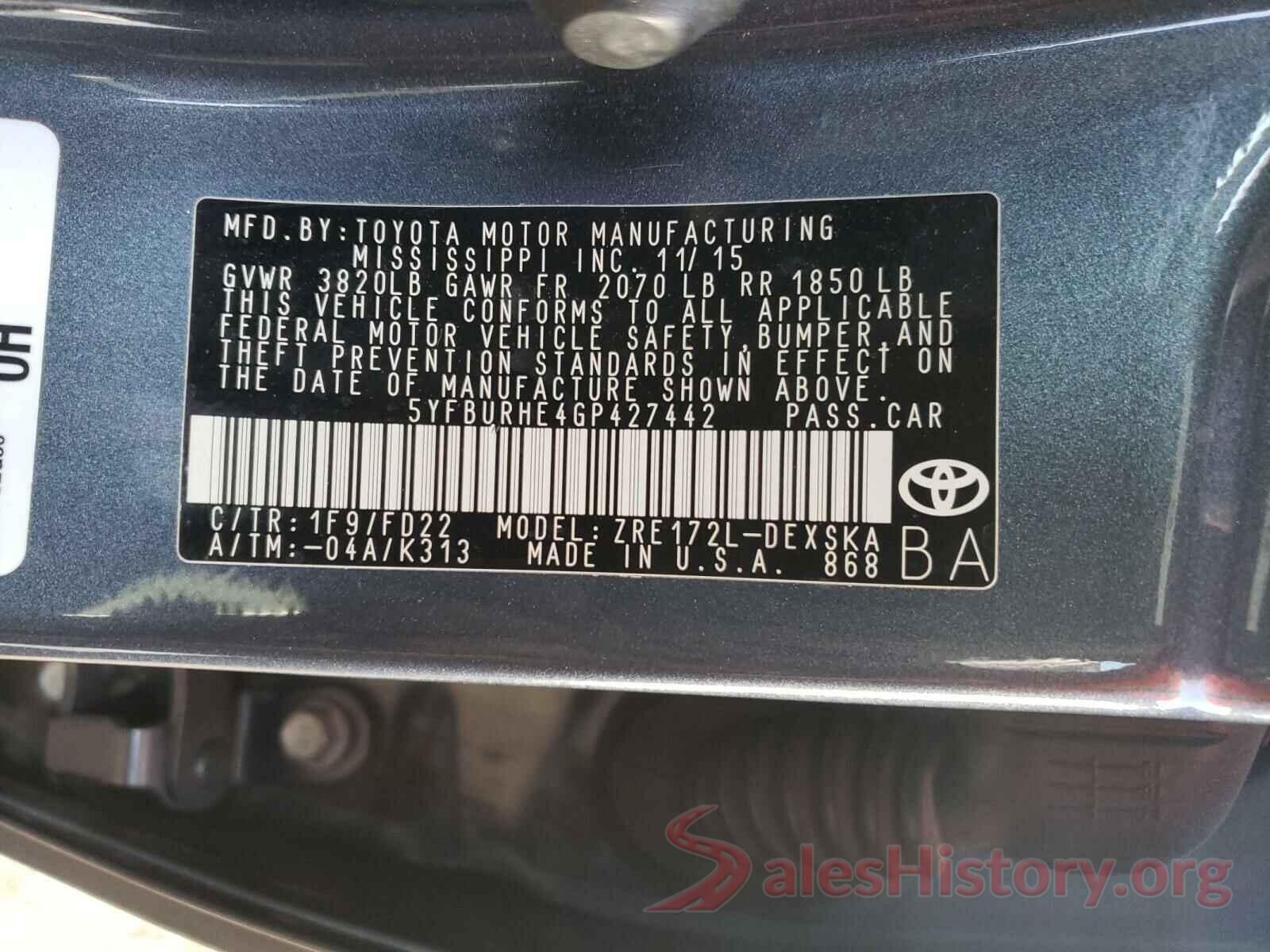 5YFBURHE4GP427442 2016 TOYOTA COROLLA