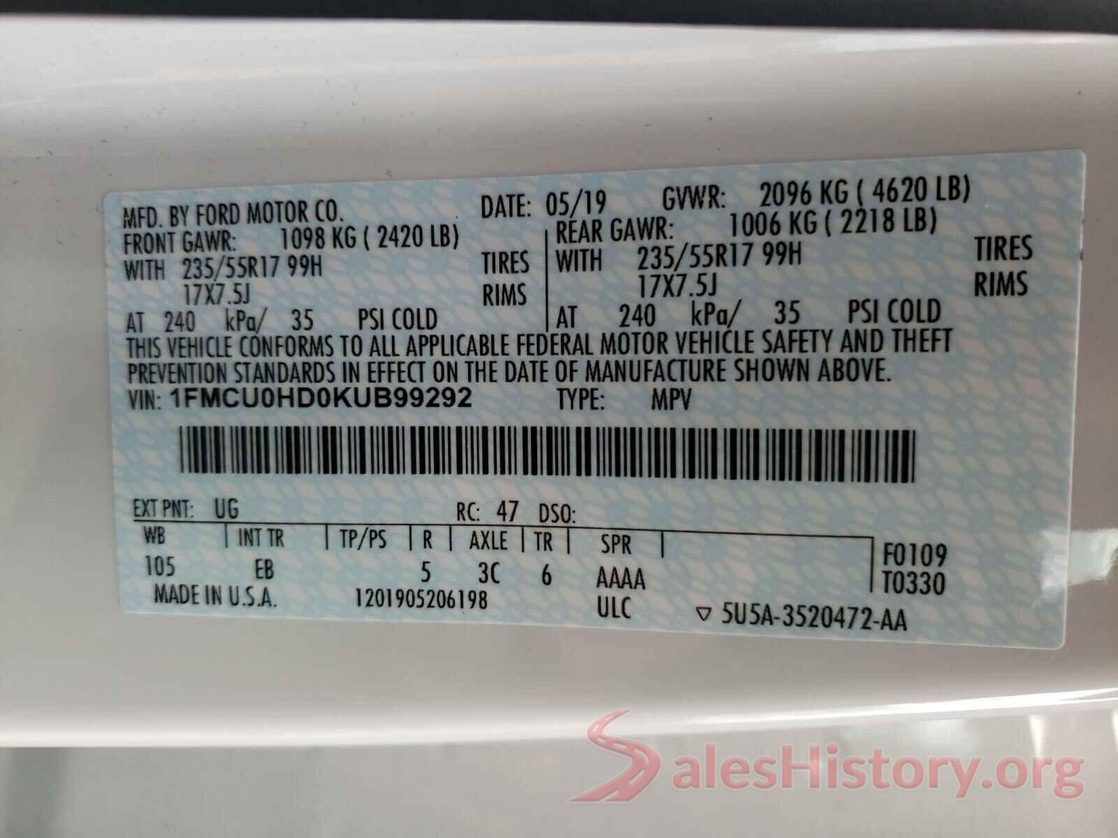 1FMCU0HD0KUB99292 2019 FORD ESCAPE