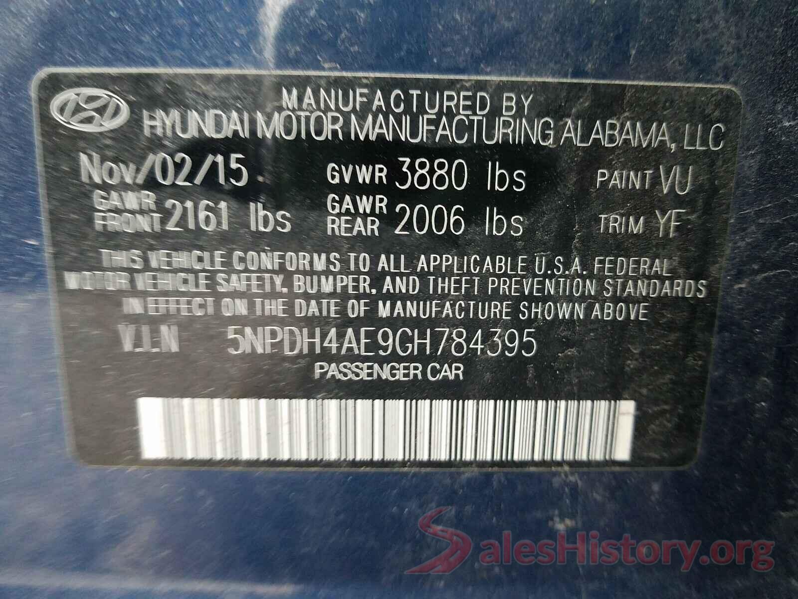 5NPDH4AE9GH784395 2016 HYUNDAI ELANTRA