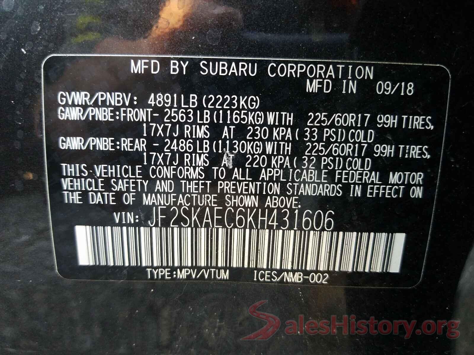 JF2SKAEC6KH431606 2019 SUBARU FORESTER