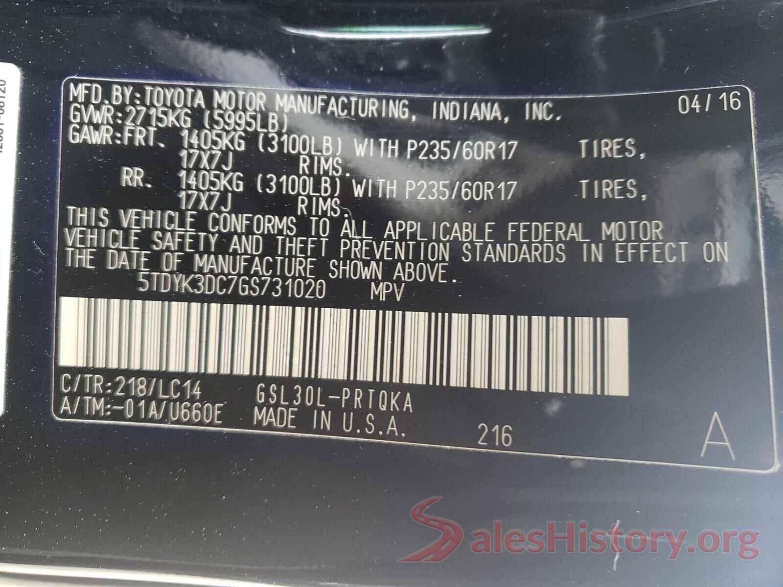 5TDYK3DC7GS731020 2016 TOYOTA SIENNA