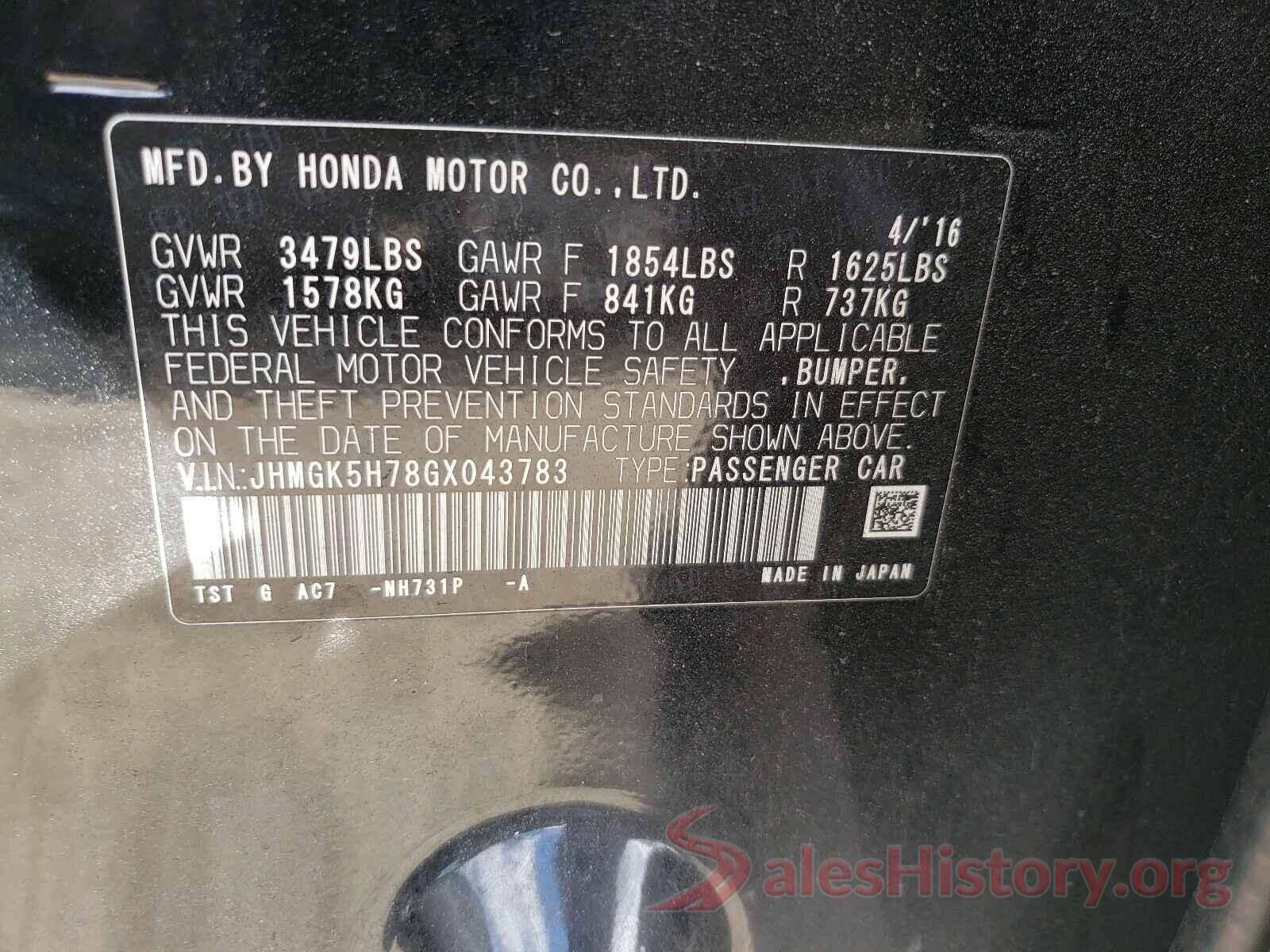 JHMGK5H78GX043783 2016 HONDA FIT