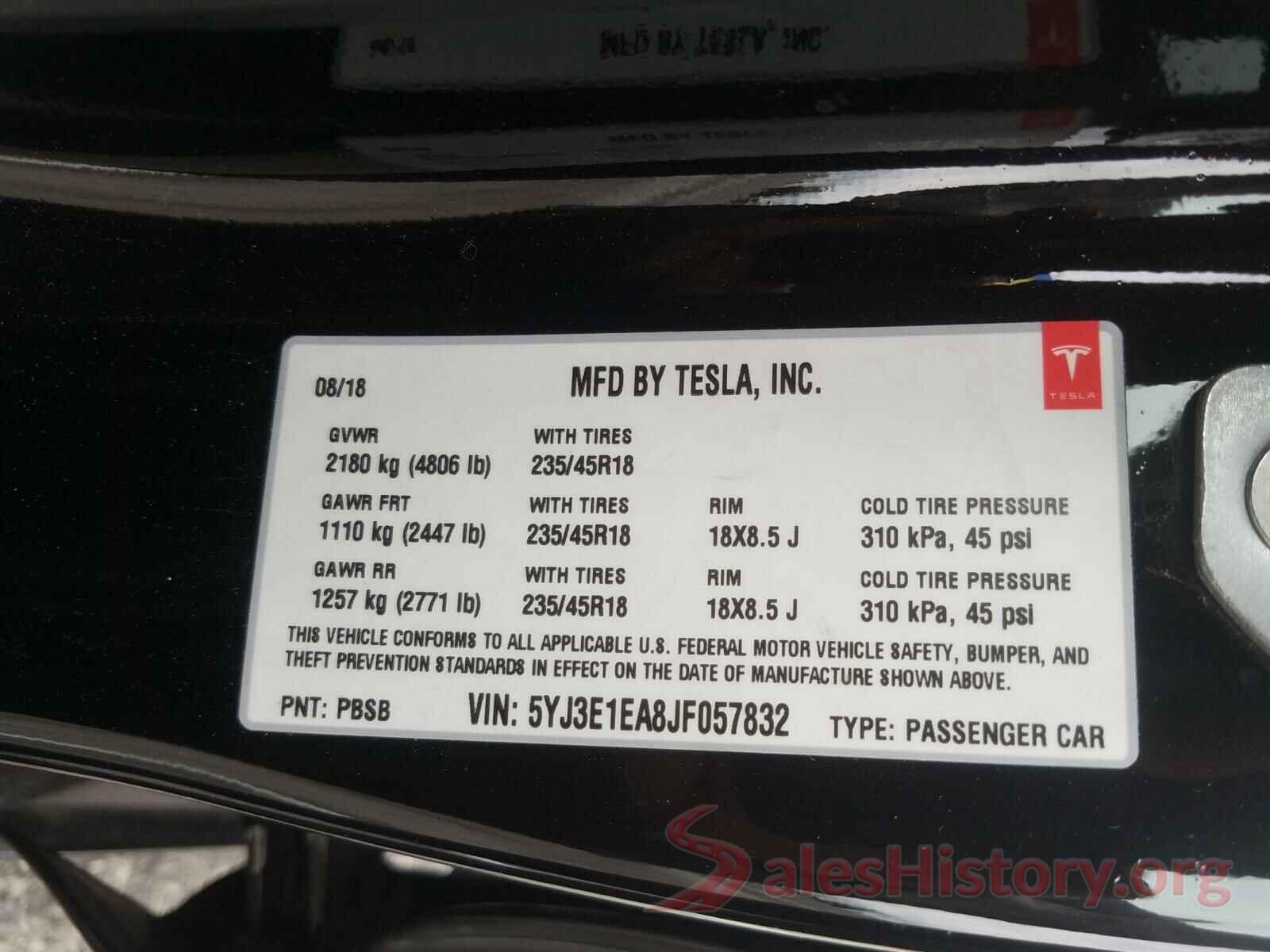 5YJ3E1EA8JF057832 2018 TESLA MODEL 3