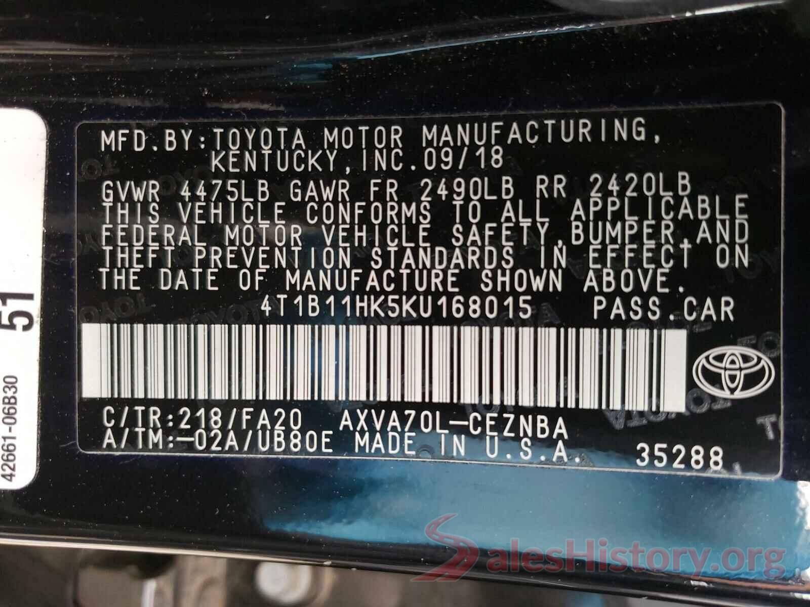 4T1B11HK5KU168015 2019 TOYOTA CAMRY