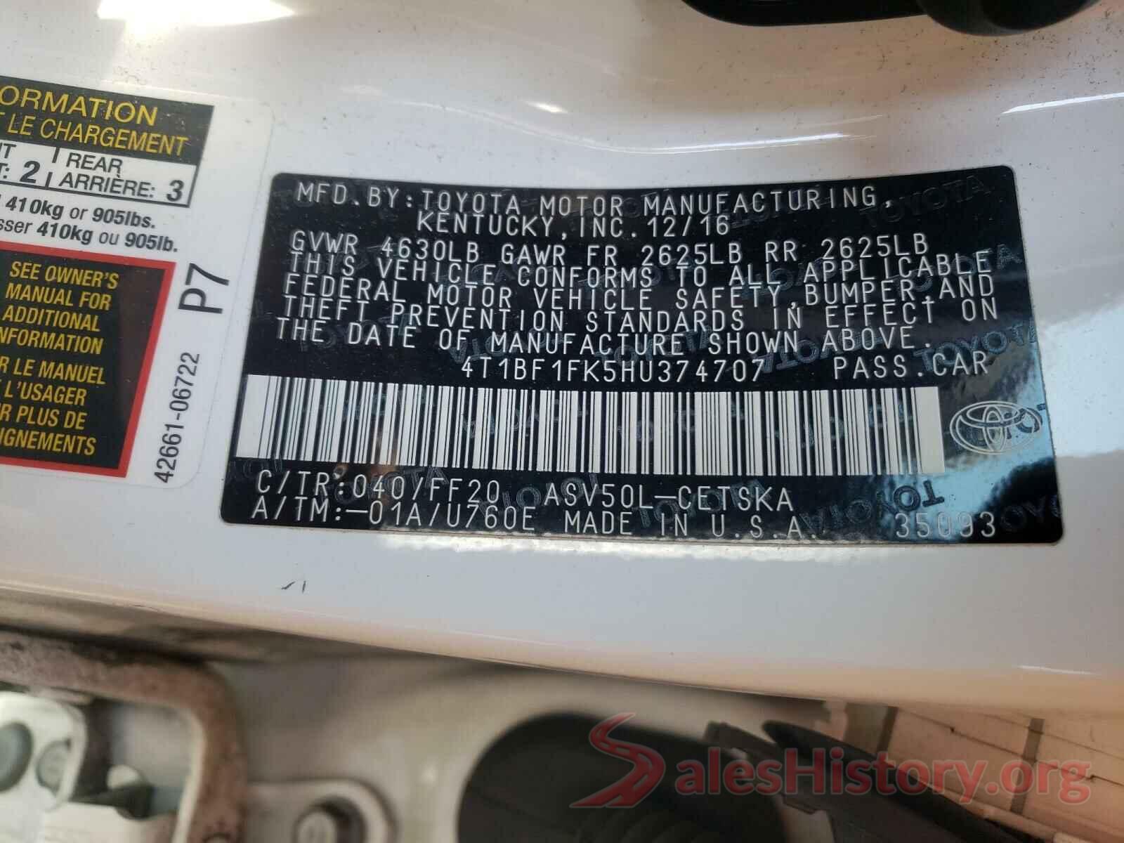 4T1BF1FK5HU374707 2017 TOYOTA CAMRY