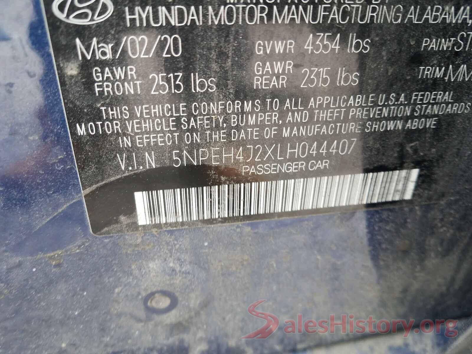 5NPEH4J2XLH044407 2020 HYUNDAI SONATA