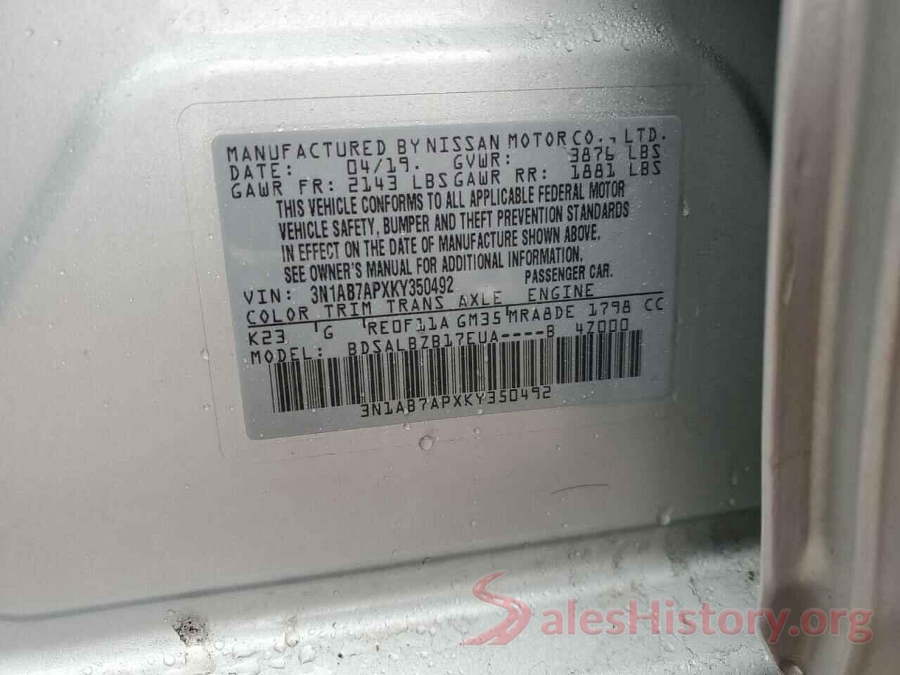 3N1AB7APXKY350492 2019 NISSAN SENTRA