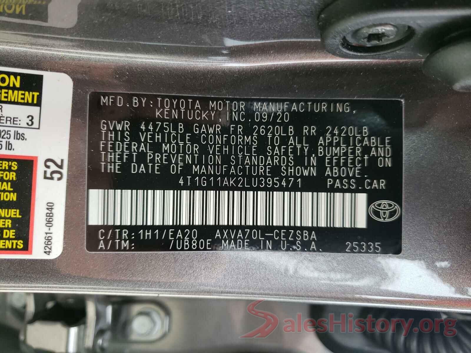 4T1G11AK2LU395471 2020 TOYOTA CAMRY