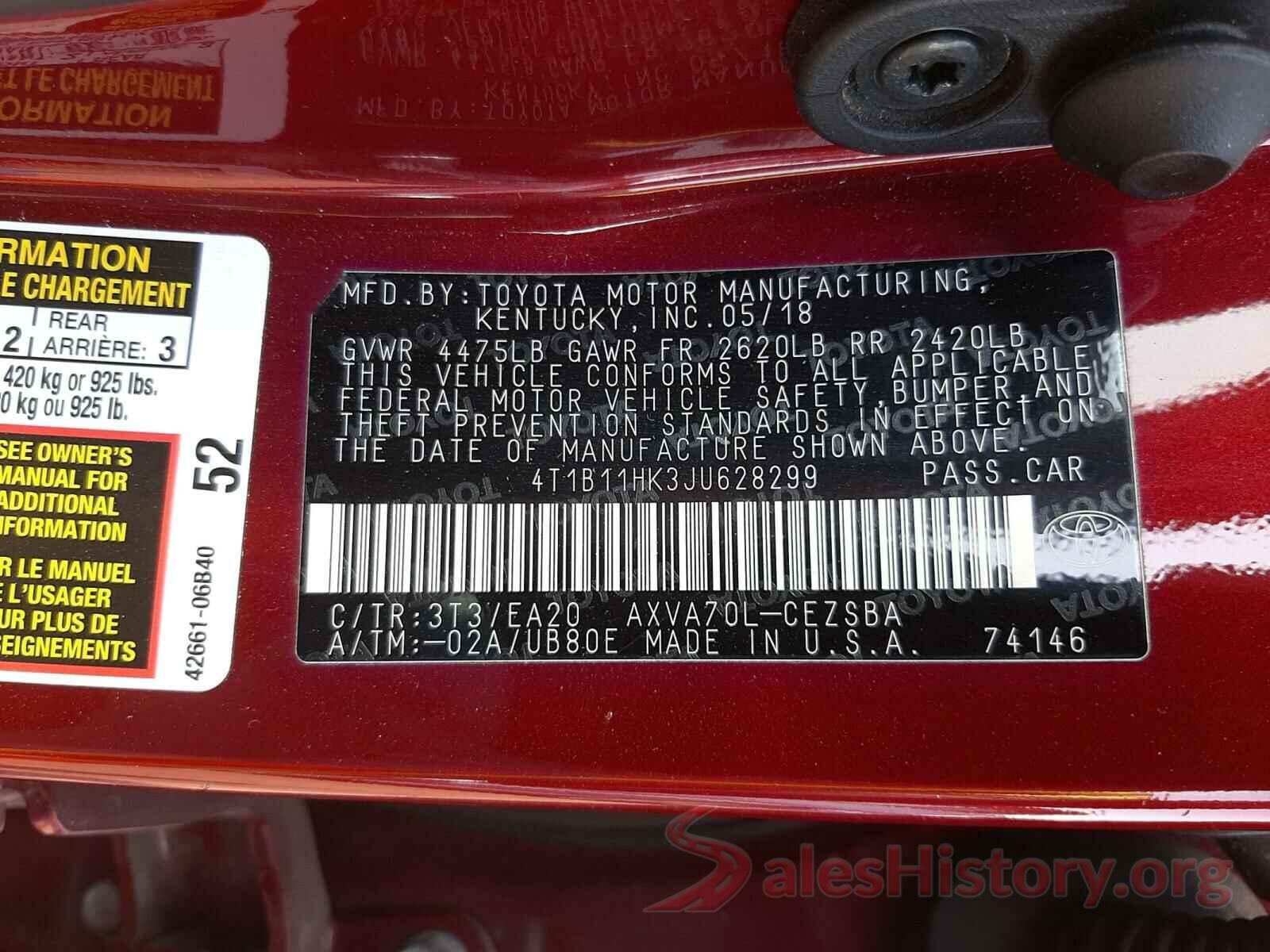 4T1B11HK3JU628299 2018 TOYOTA CAMRY