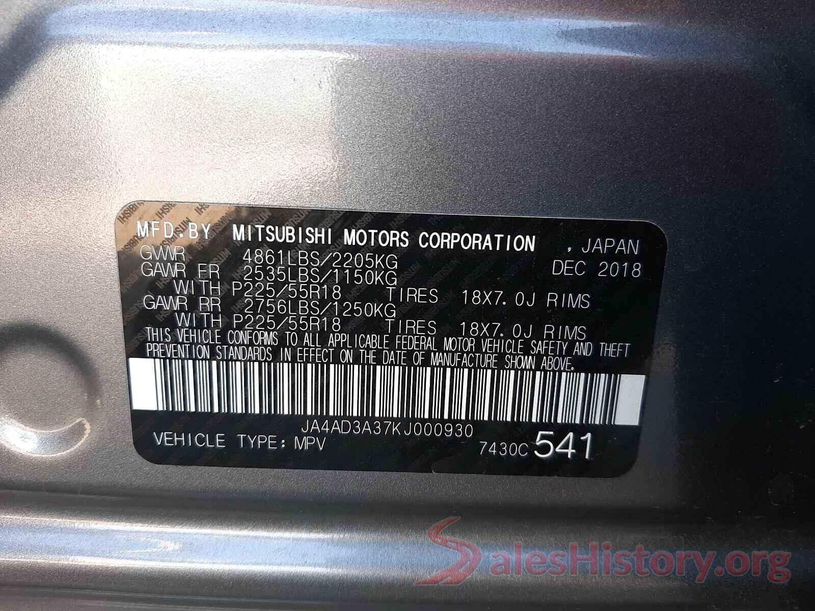 JA4AD3A37KJ000930 2019 MITSUBISHI OUTLANDER