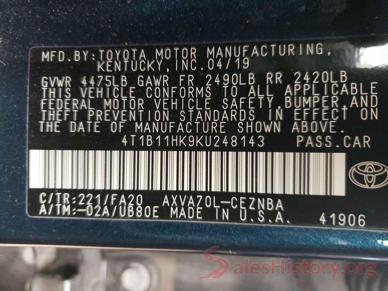 4T1B11HK9KU248143 2019 TOYOTA CAMRY