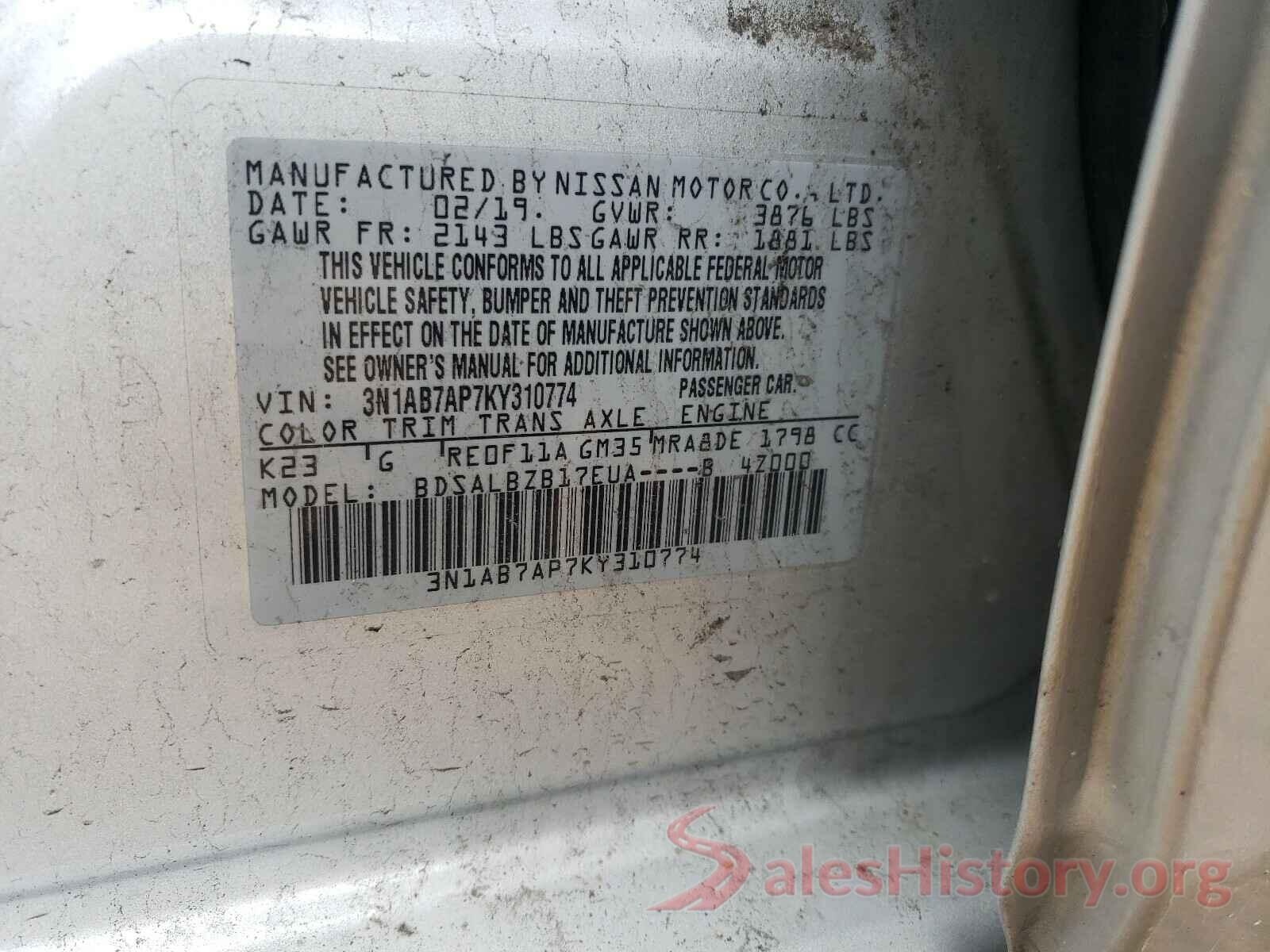 3N1AB7AP7KY310774 2019 NISSAN SENTRA