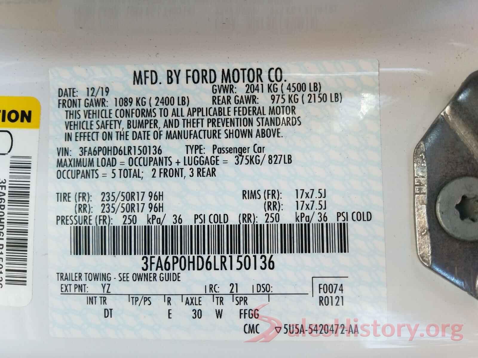 3FA6P0HD6LR150136 2020 FORD FUSION