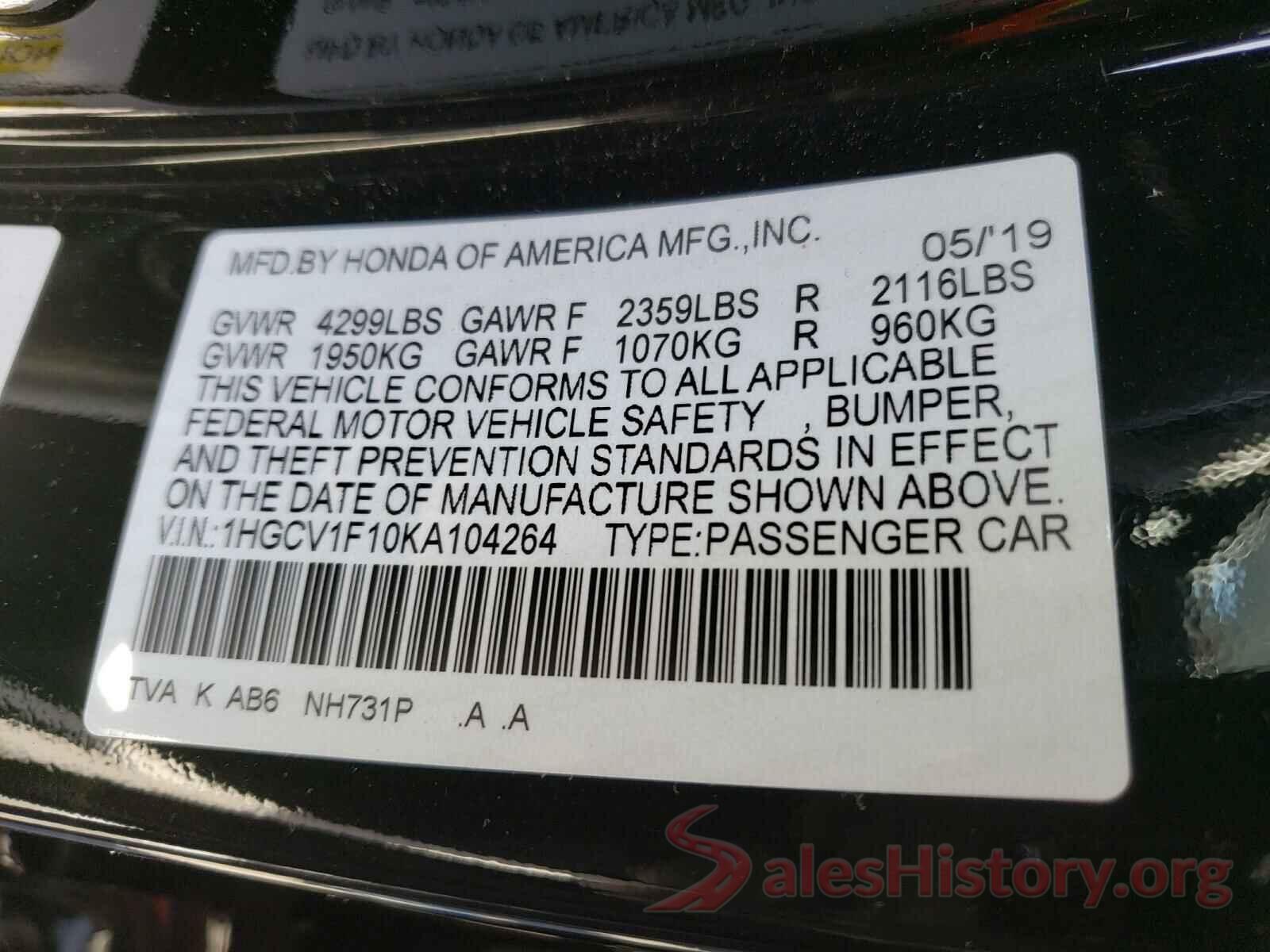 1HGCV1F10KA104264 2019 HONDA ACCORD