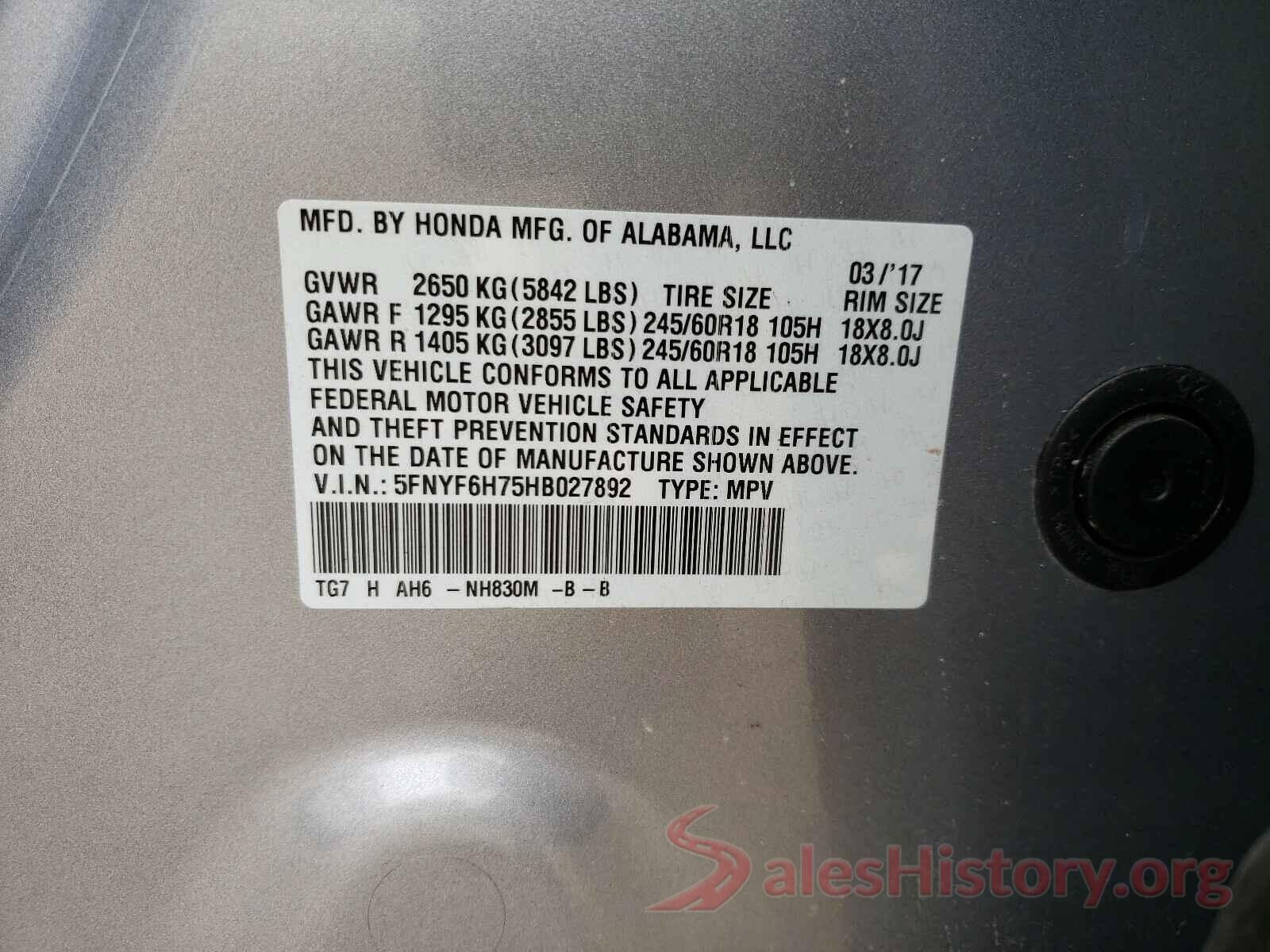 5FNYF6H75HB027892 2017 HONDA PILOT