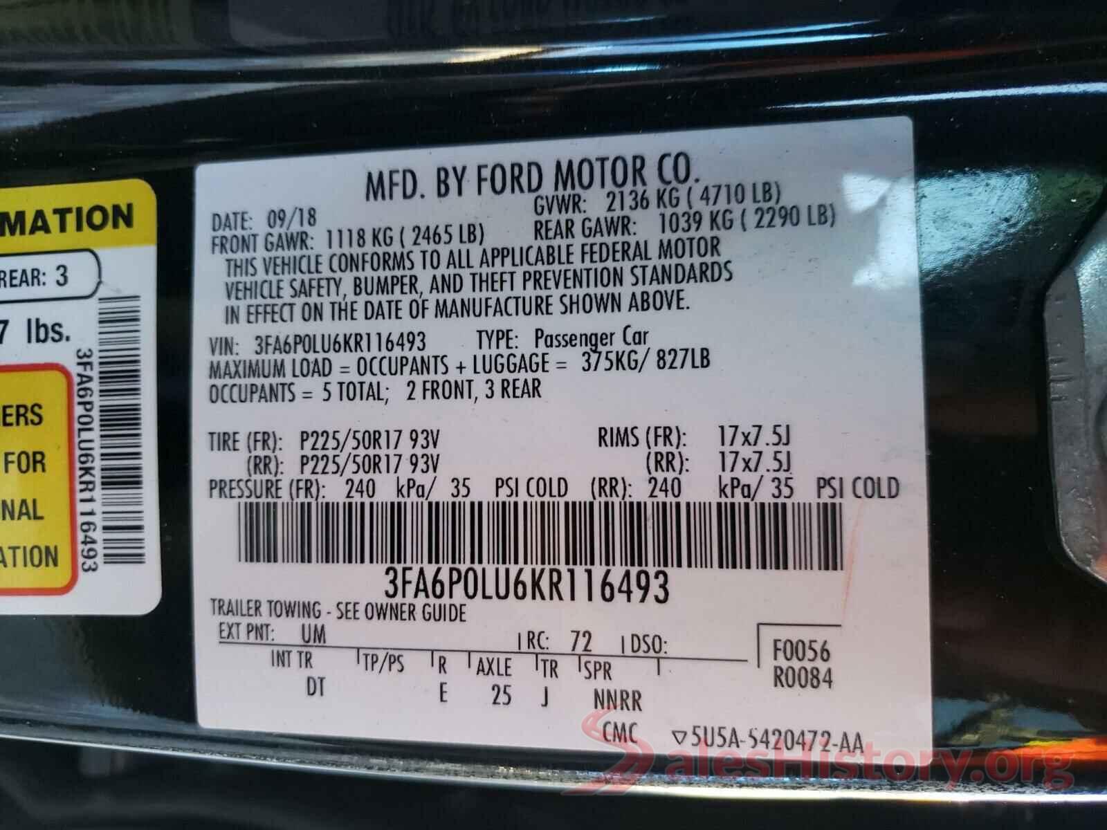 3FA6P0LU6KR116493 2019 FORD FUSION