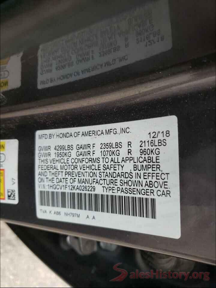 1HGCV1F12KA026229 2019 HONDA ACCORD