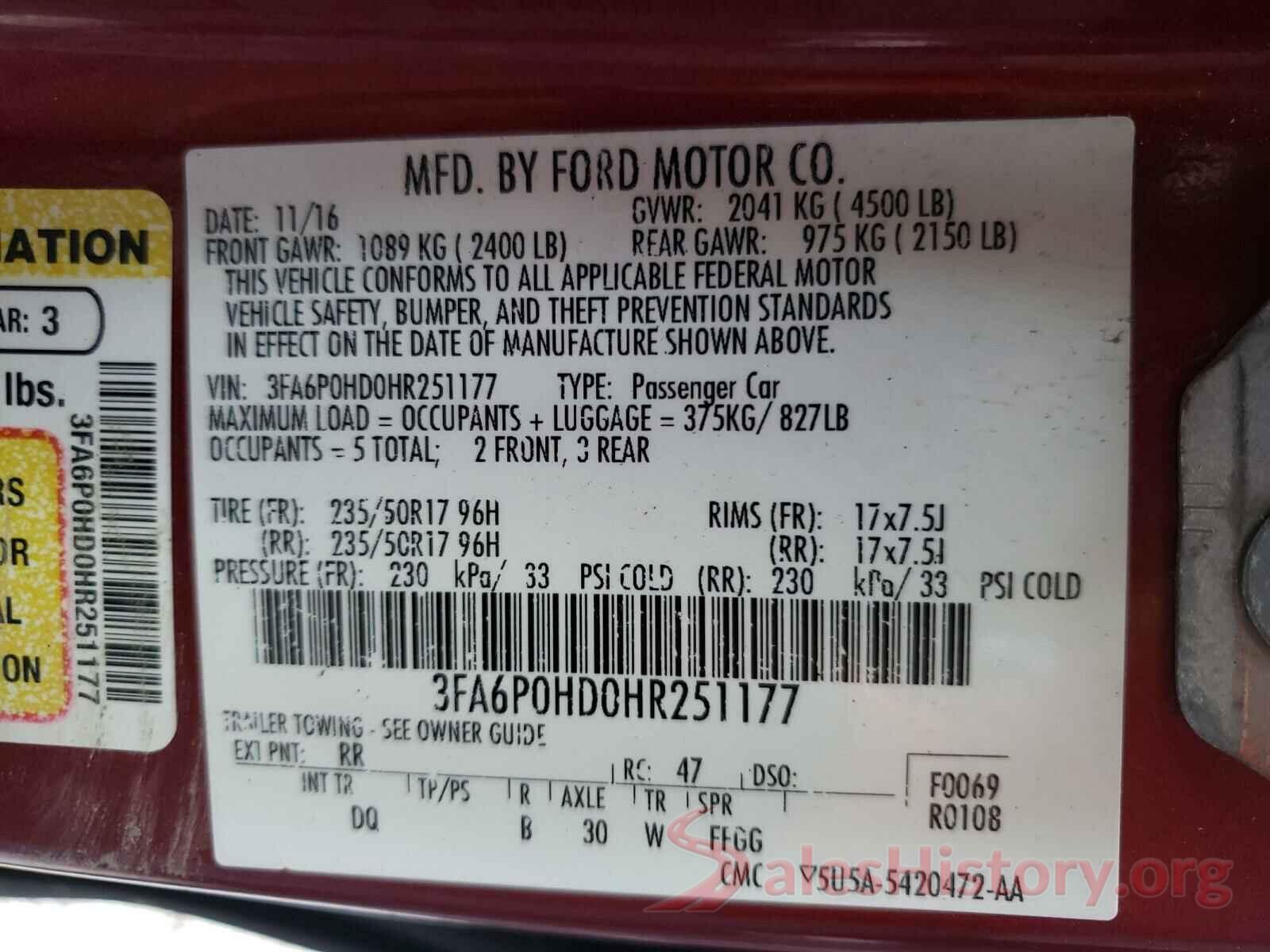 3FA6P0HD0HR251177 2017 FORD FUSION