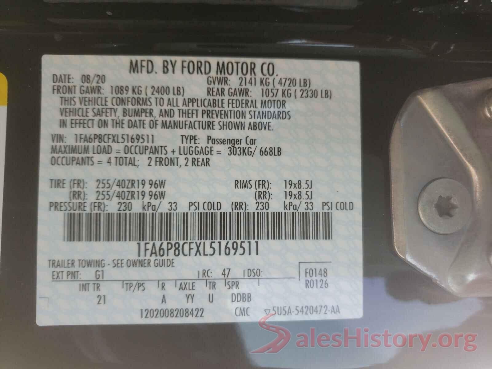 1FA6P8CFXL5169511 2020 FORD MUSTANG