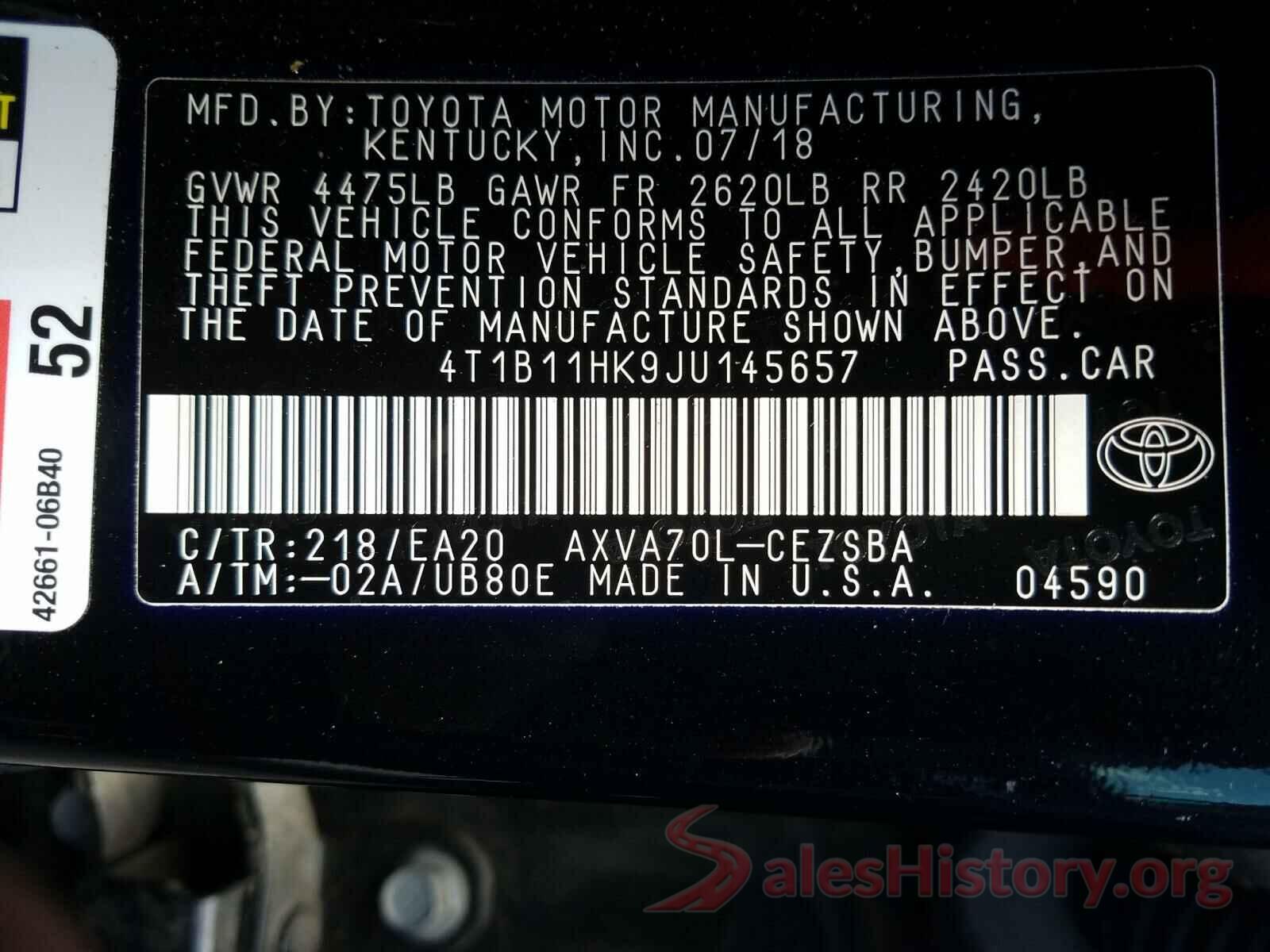 4T1B11HK9JU145657 2018 TOYOTA CAMRY