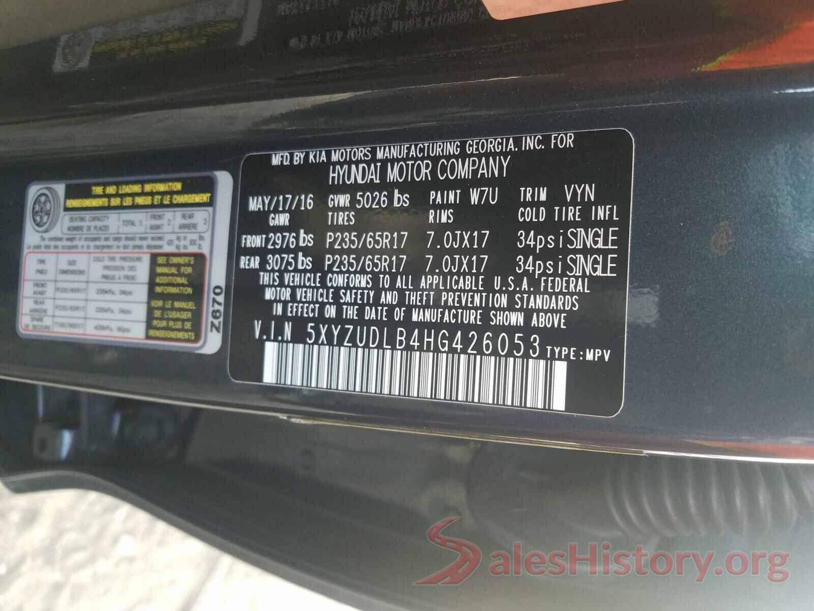 5XYZUDLB4HG426053 2017 HYUNDAI SANTA FE