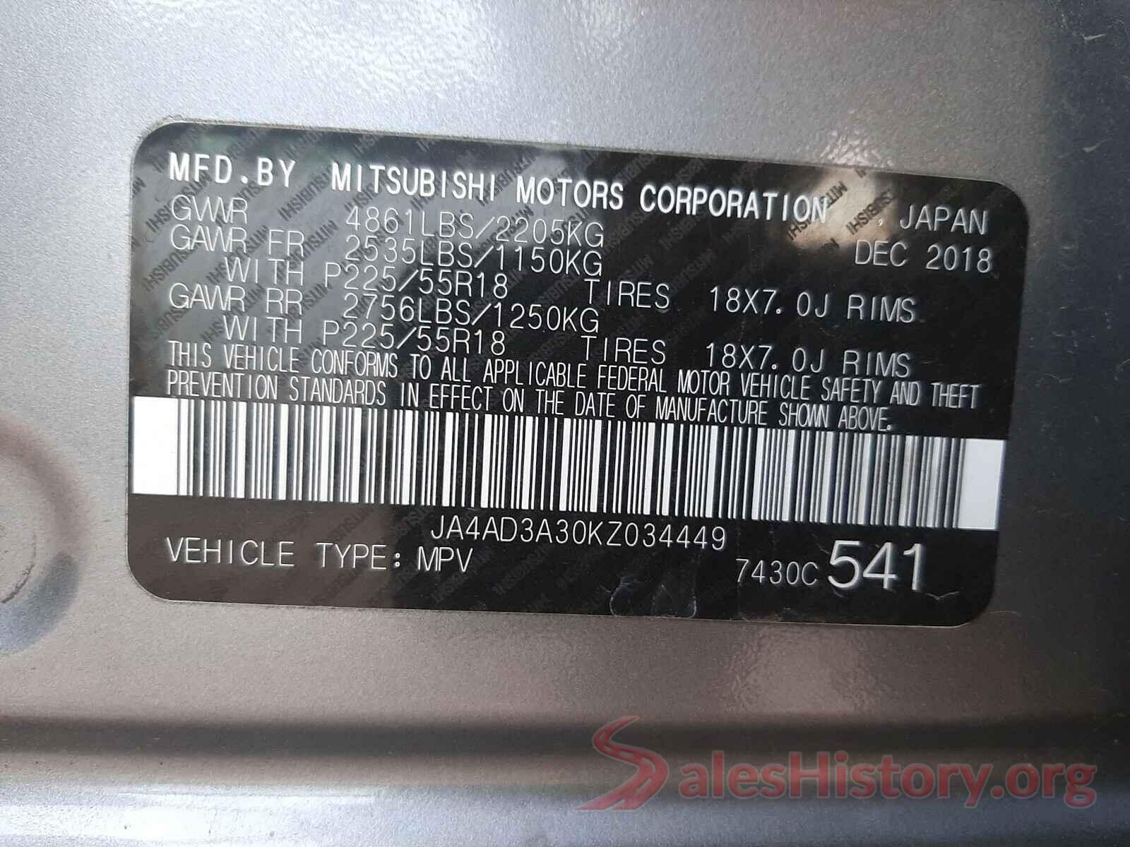 JA4AD3A30KZ034449 2019 MITSUBISHI OUTLANDER