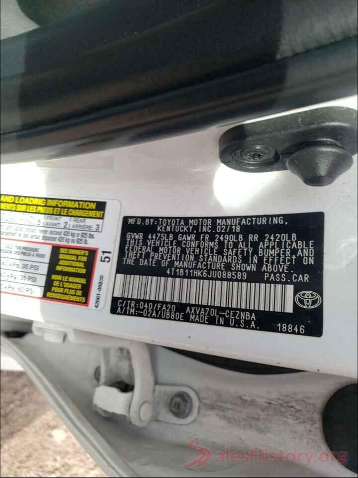 4T1B11HK6JU088589 2018 TOYOTA CAMRY