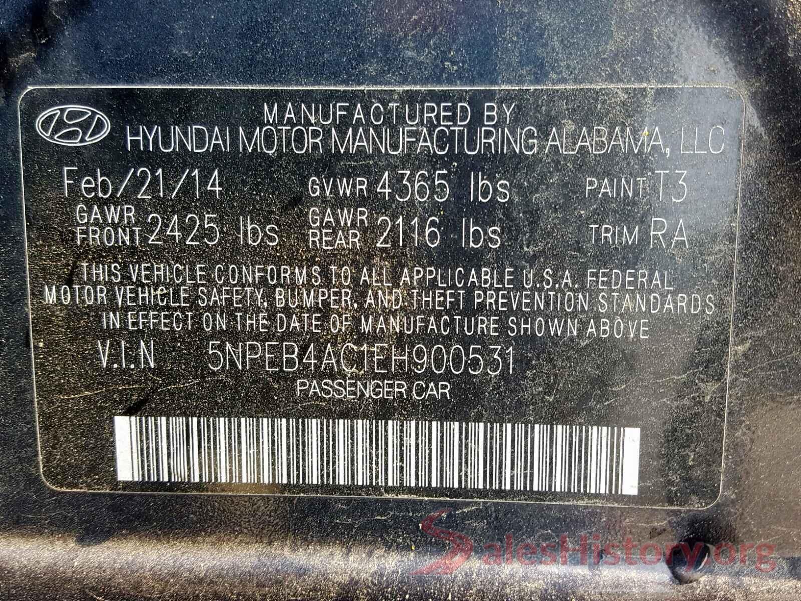 5NPEB4AC1EH900531 2014 HYUNDAI SONATA