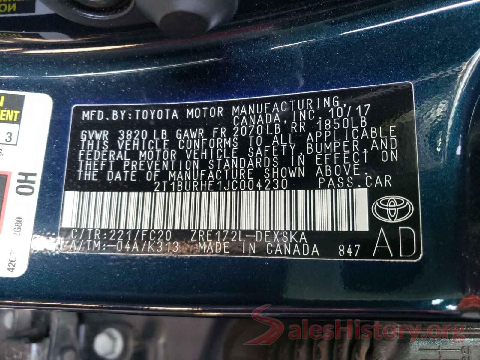 2T1BURHE1JC004230 2018 TOYOTA COROLLA