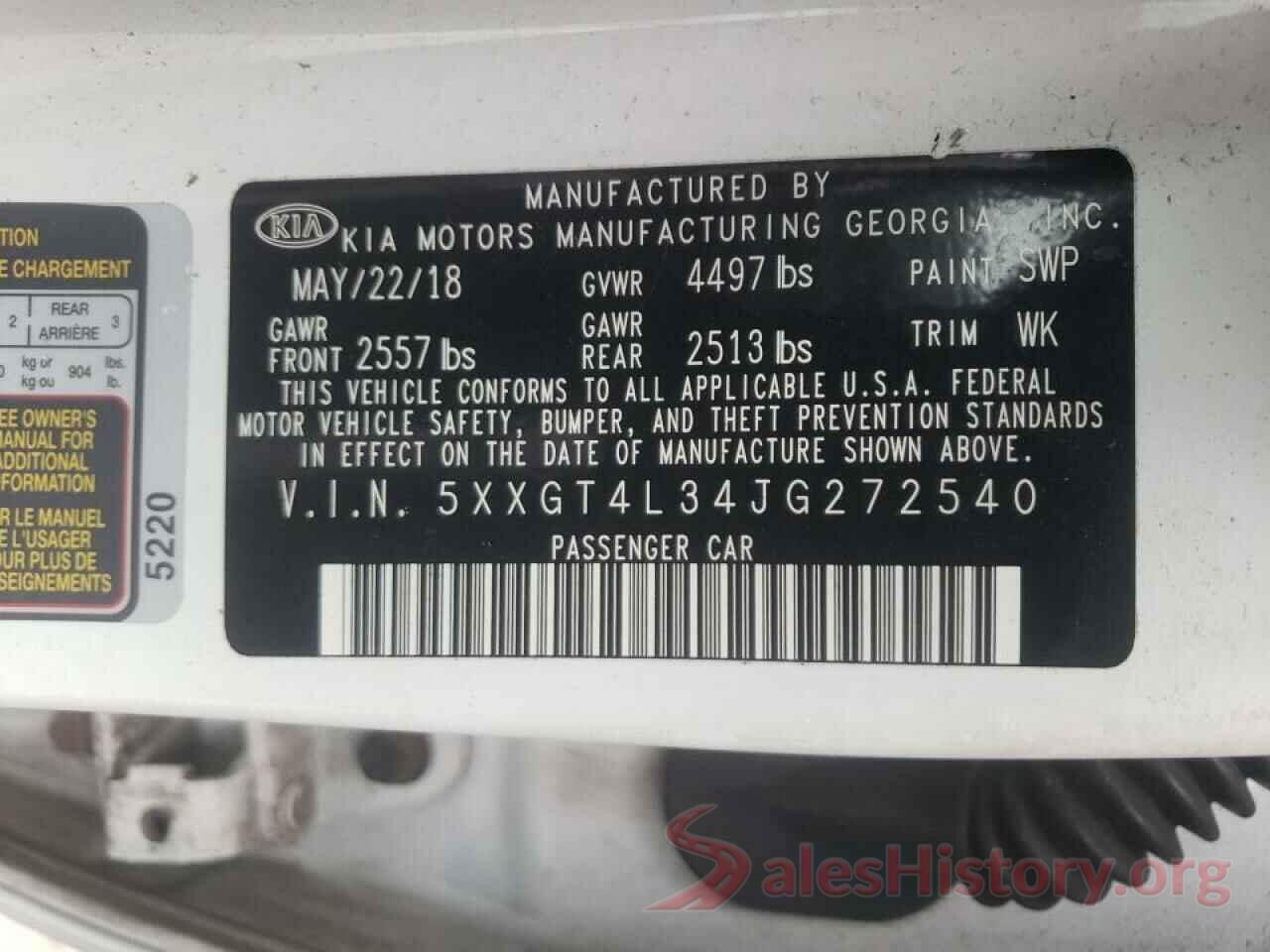 5XXGT4L34JG272540 2018 KIA OPTIMA