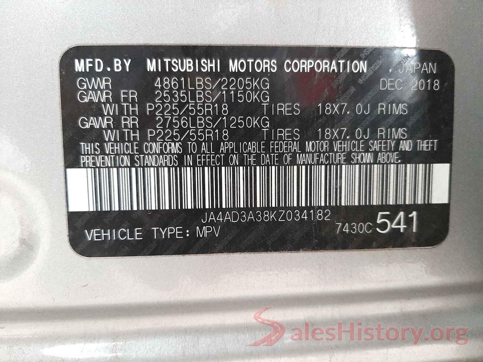 JA4AD3A38KZ034182 2019 MITSUBISHI OUTLANDER