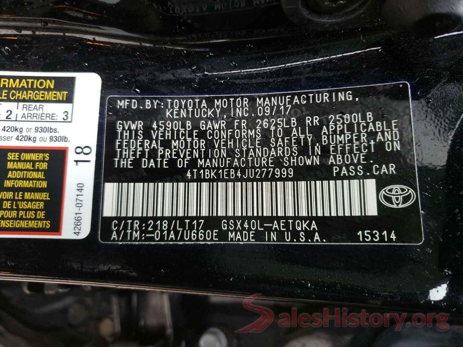 4T1BK1EB4JU277999 2018 TOYOTA AVALON