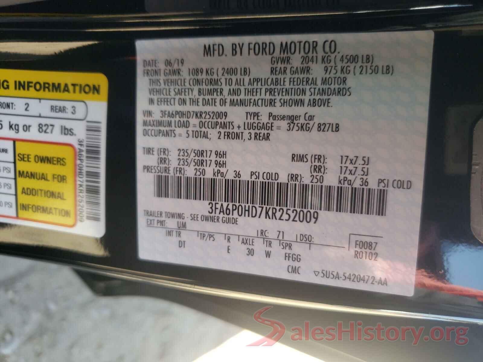 3FA6P0HD7KR252009 2019 FORD FUSION