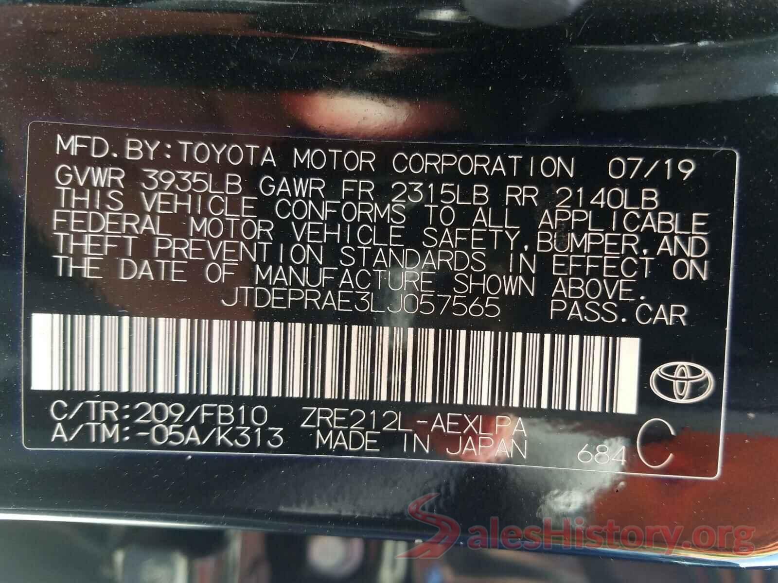 JTDEPRAE3LJ057565 2020 TOYOTA COROLLA