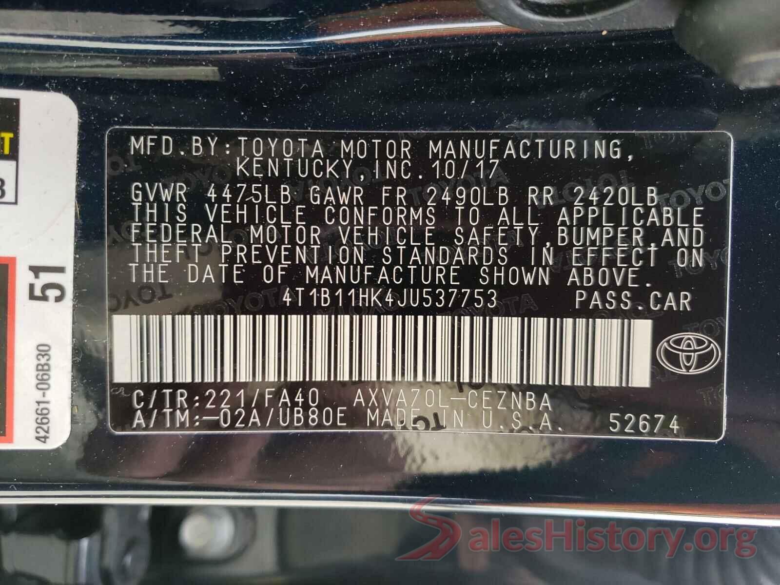 4T1B11HK4JU537753 2018 TOYOTA CAMRY