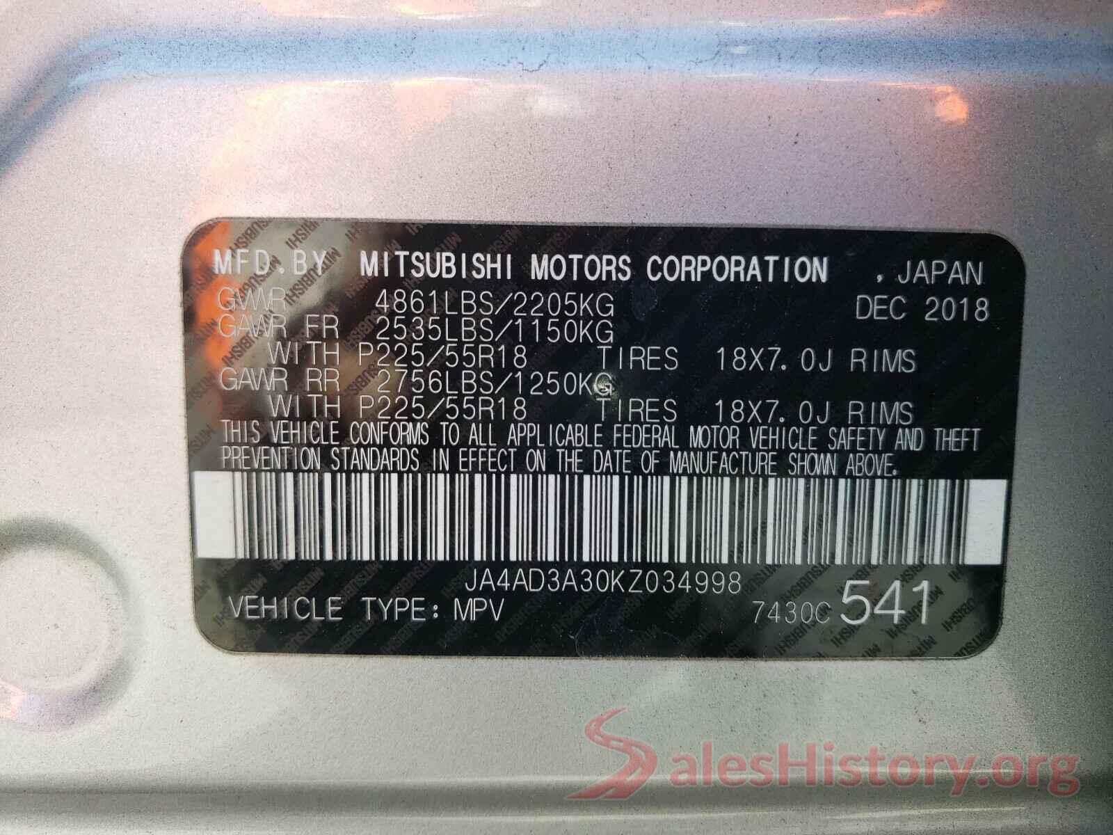 JA4AD3A30KZ034998 2019 MITSUBISHI OUTLANDER