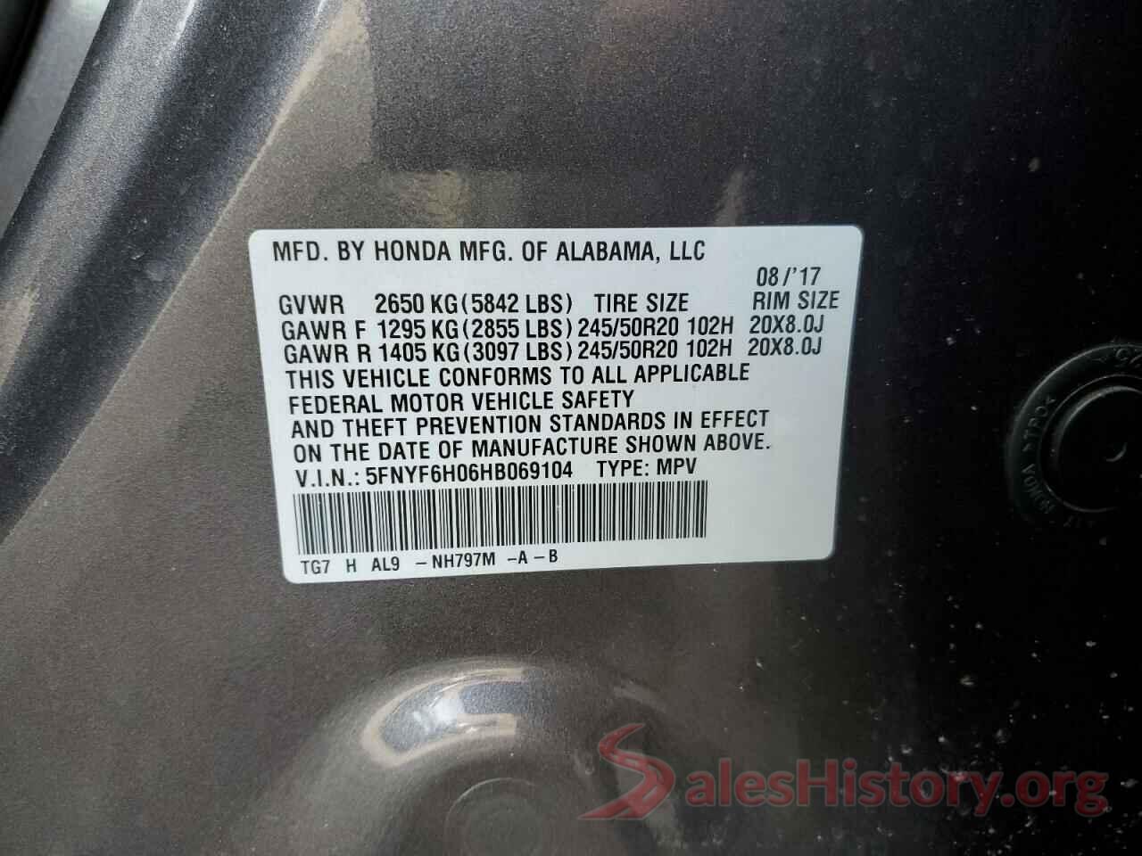 5FNYF6H06HB069104 2017 HONDA PILOT