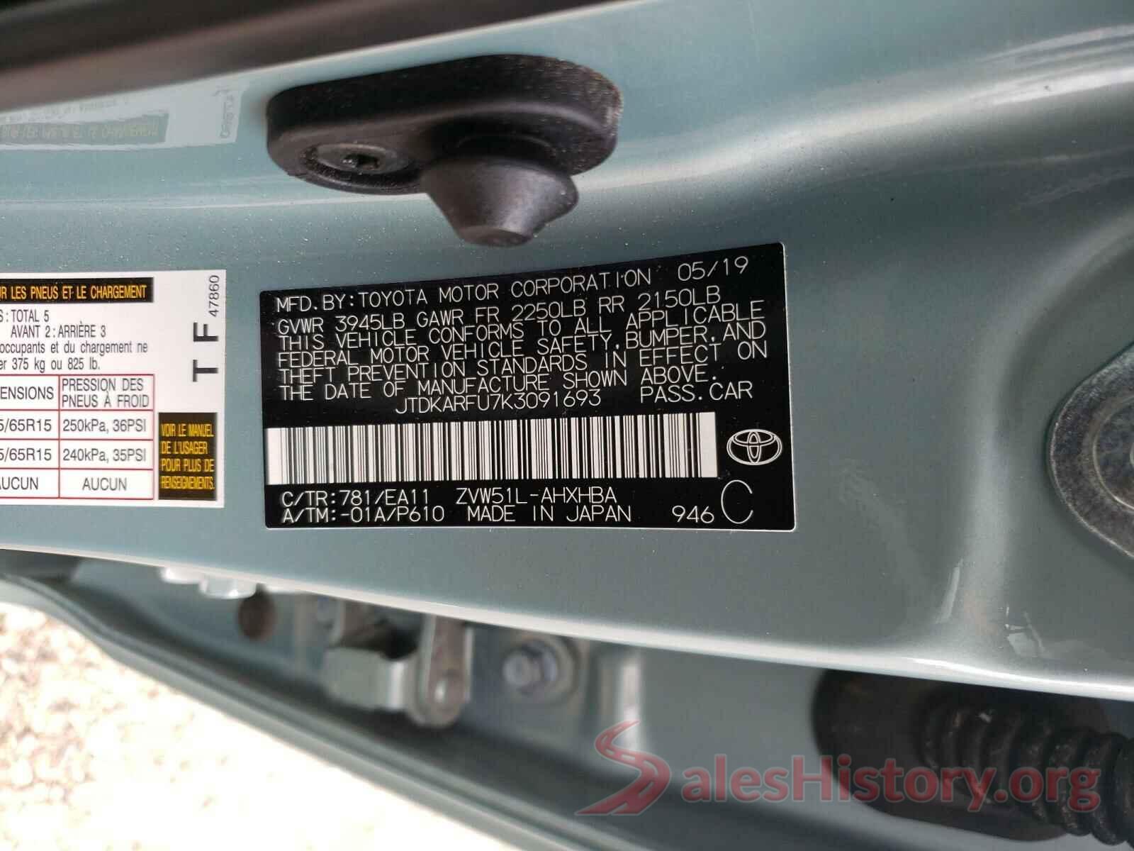 JTDKARFU7K3091693 2019 TOYOTA PRIUS