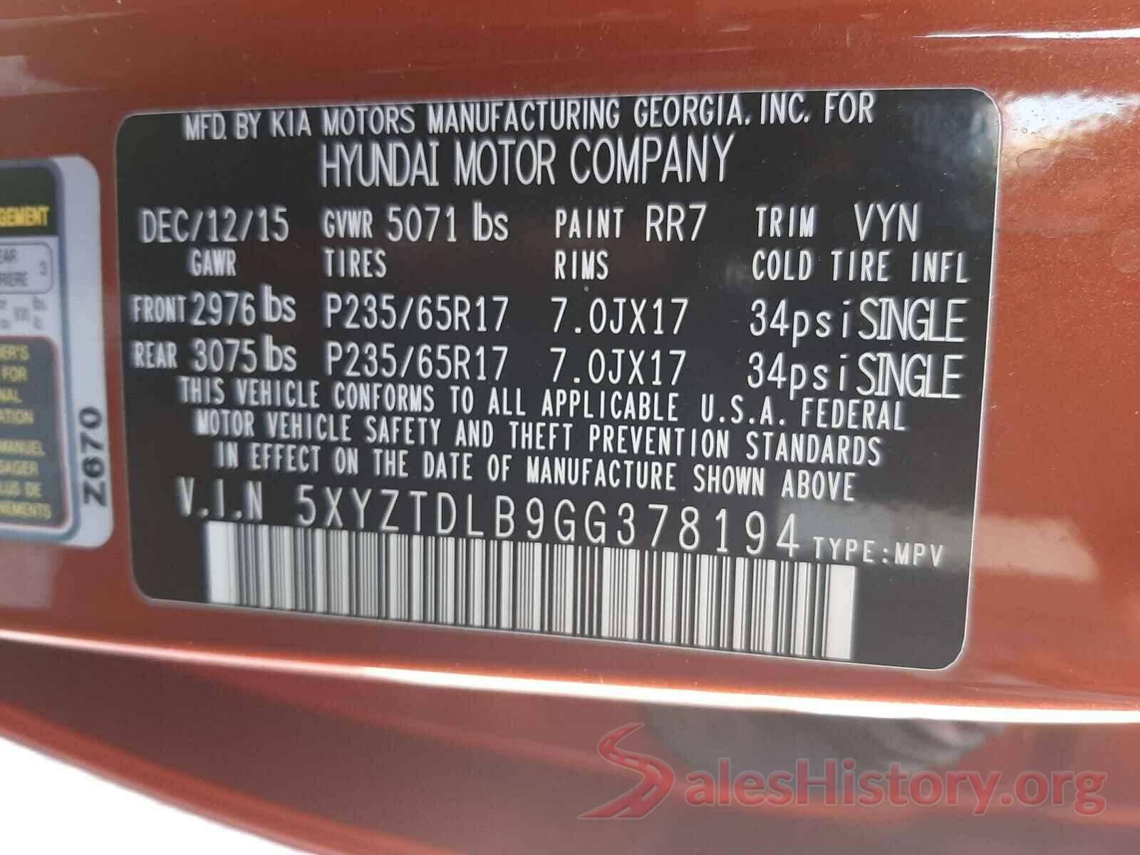 5XYZTDLB9GG378194 2016 HYUNDAI SANTA FE