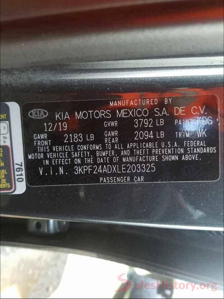 3KPF24ADXLE203325 2020 KIA FORTE