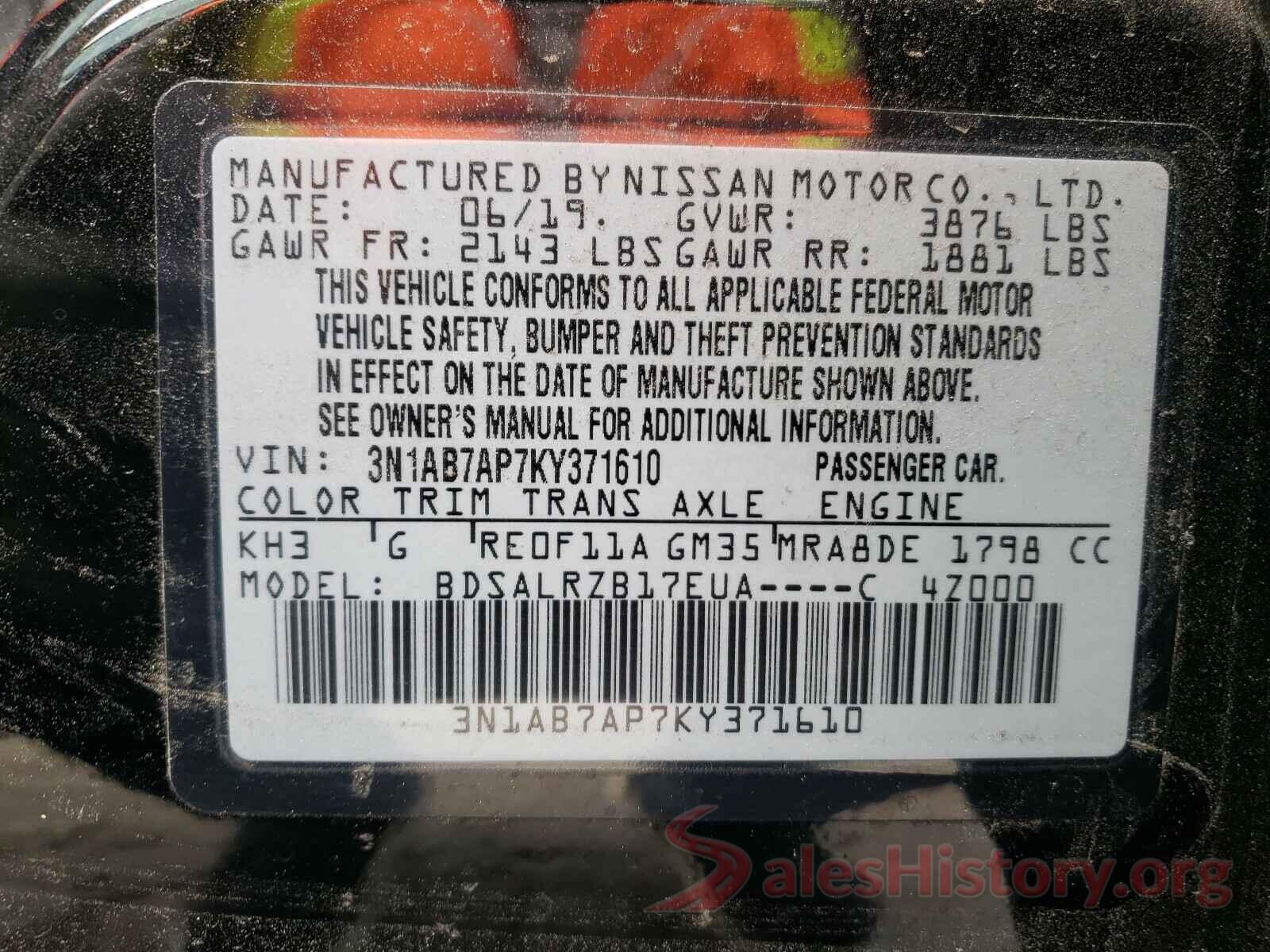 3N1AB7AP7KY371610 2019 NISSAN SENTRA