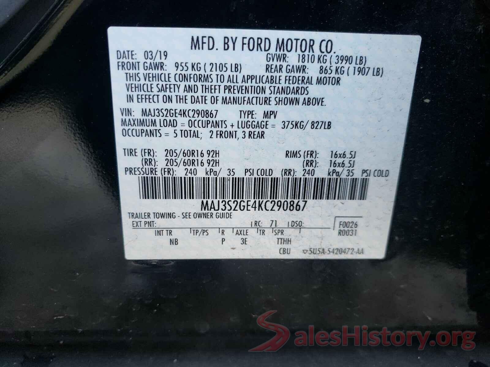 MAJ3S2GE4KC290867 2019 FORD ALL OTHER