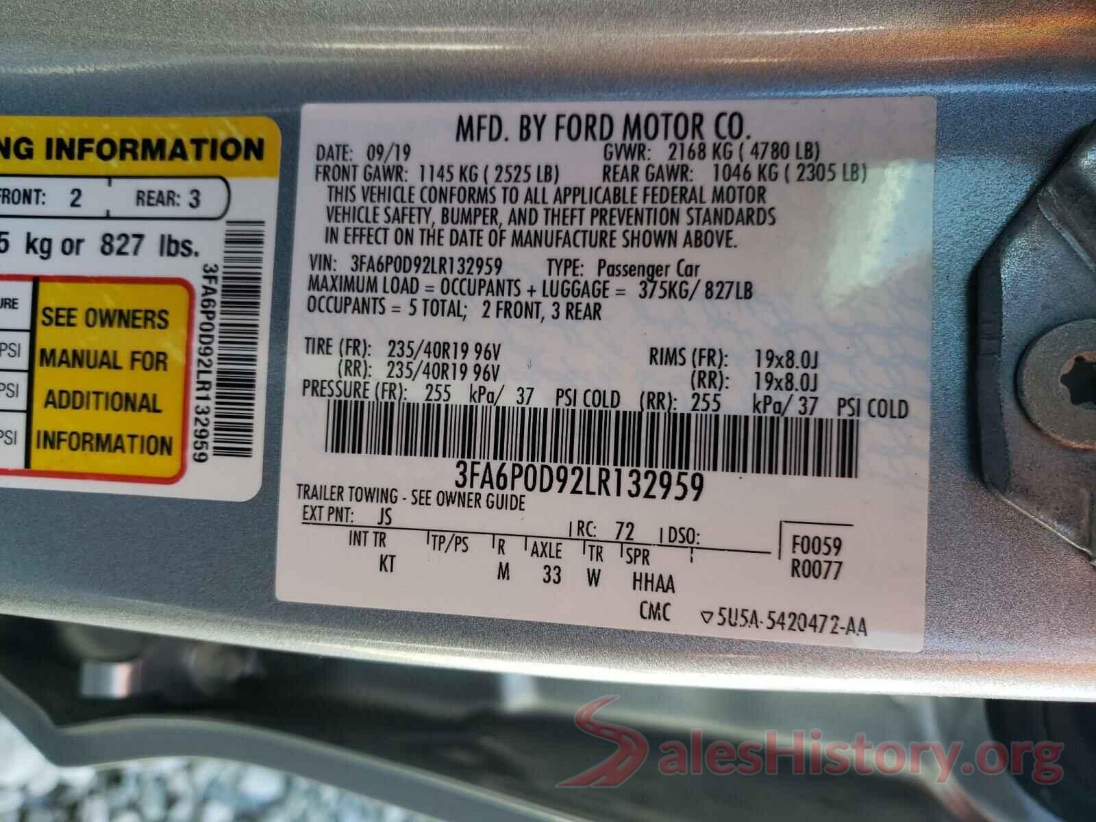 3FA6P0D92LR132959 2020 FORD FUSION