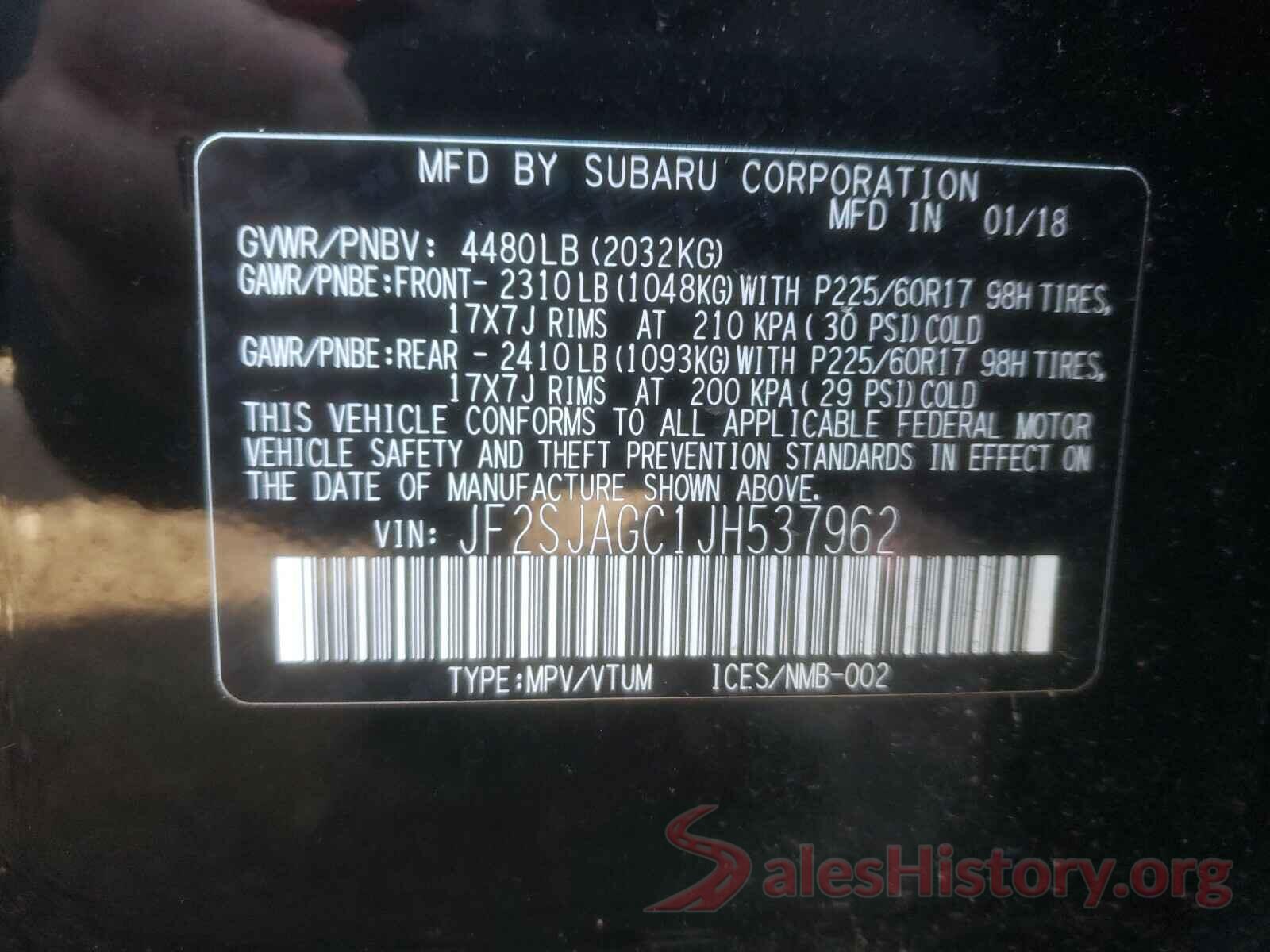 JF2SJAGC1JH537962 2018 SUBARU FORESTER