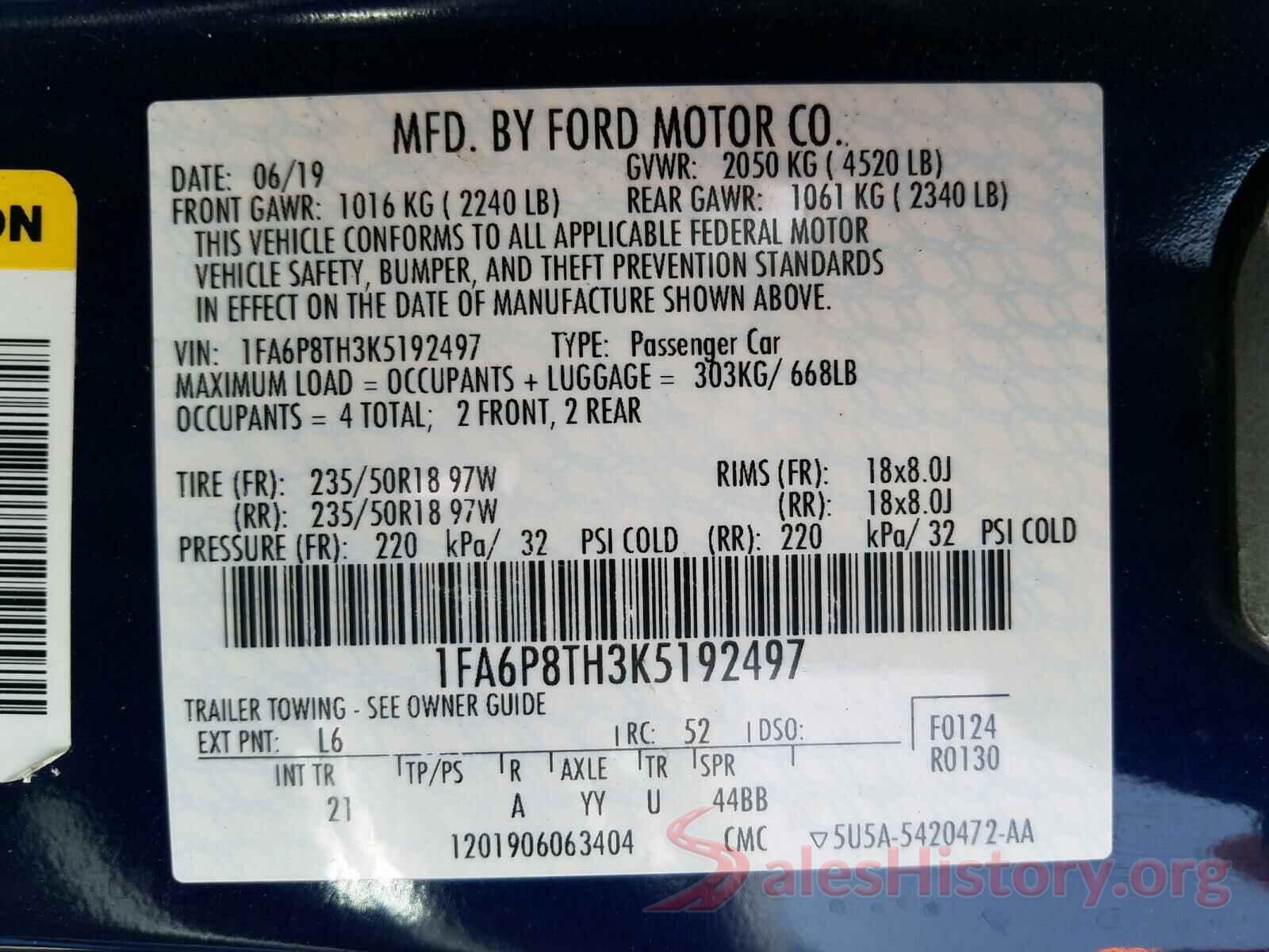 1FA6P8TH3K5192497 2019 FORD MUSTANG