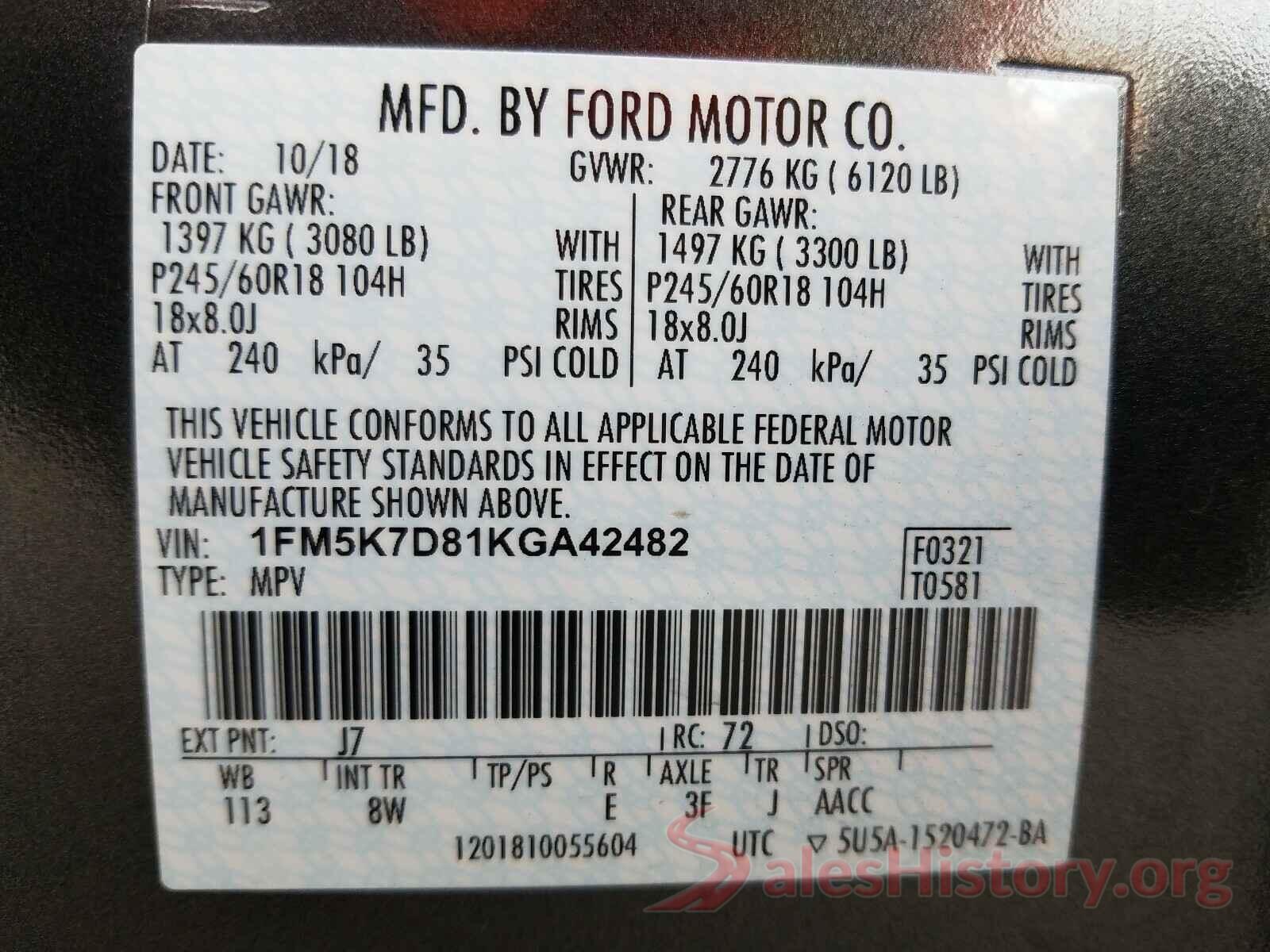 1FM5K7D81KGA42482 2019 FORD EXPLORER