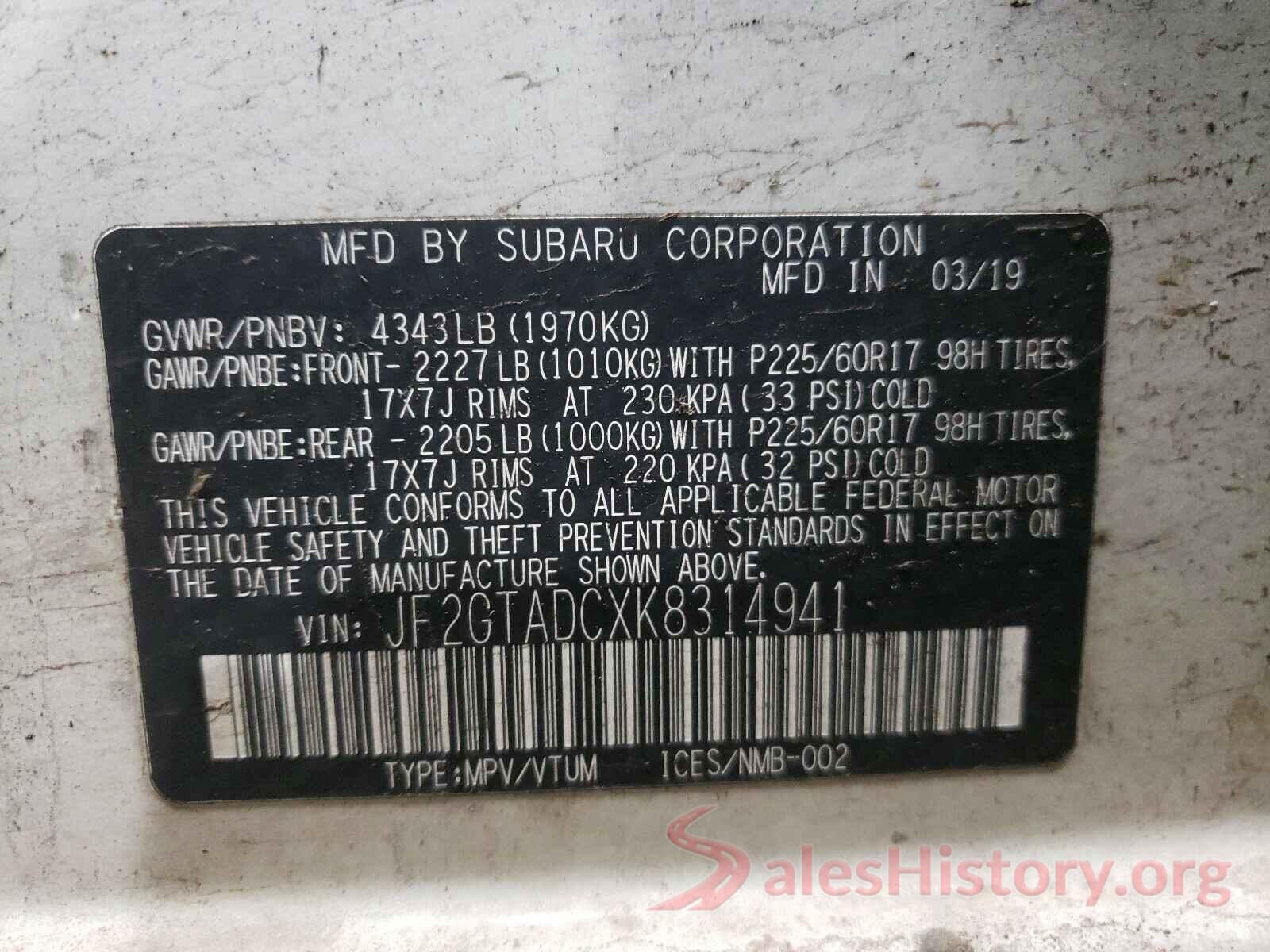 JF2GTADCXK8314941 2019 SUBARU CROSSTREK