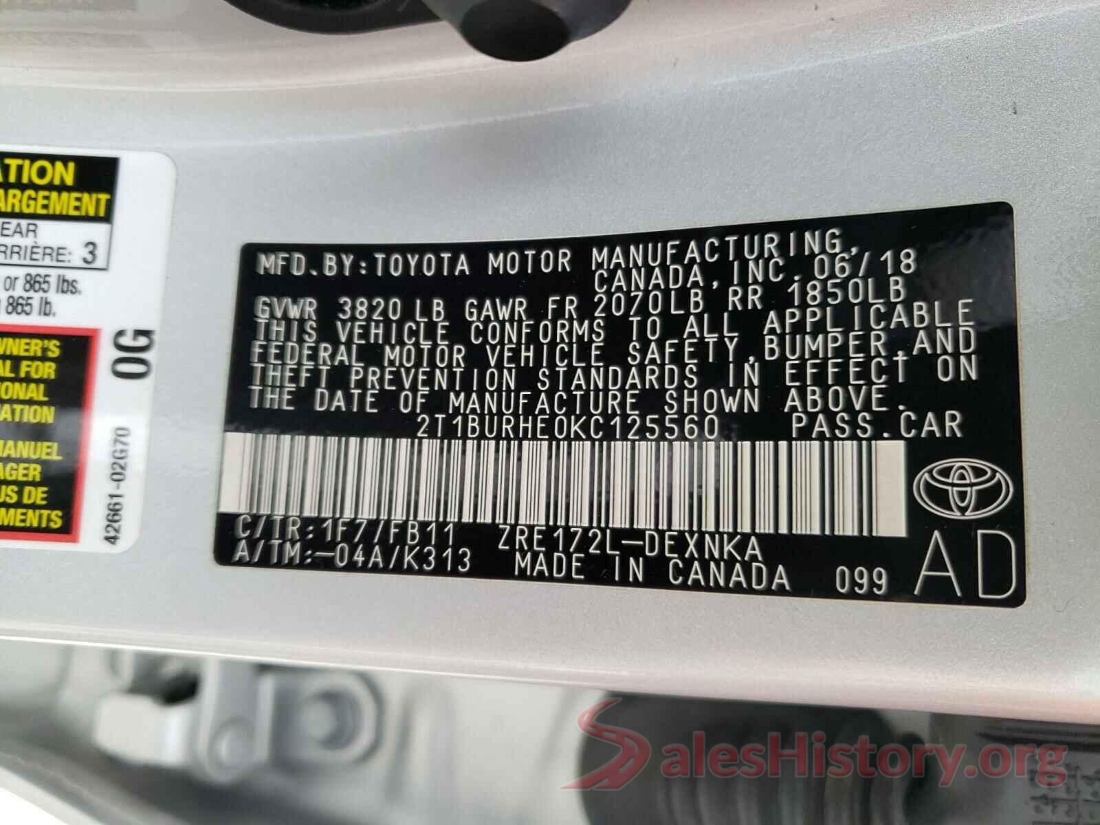 2T1BURHE0KC125560 2019 TOYOTA COROLLA